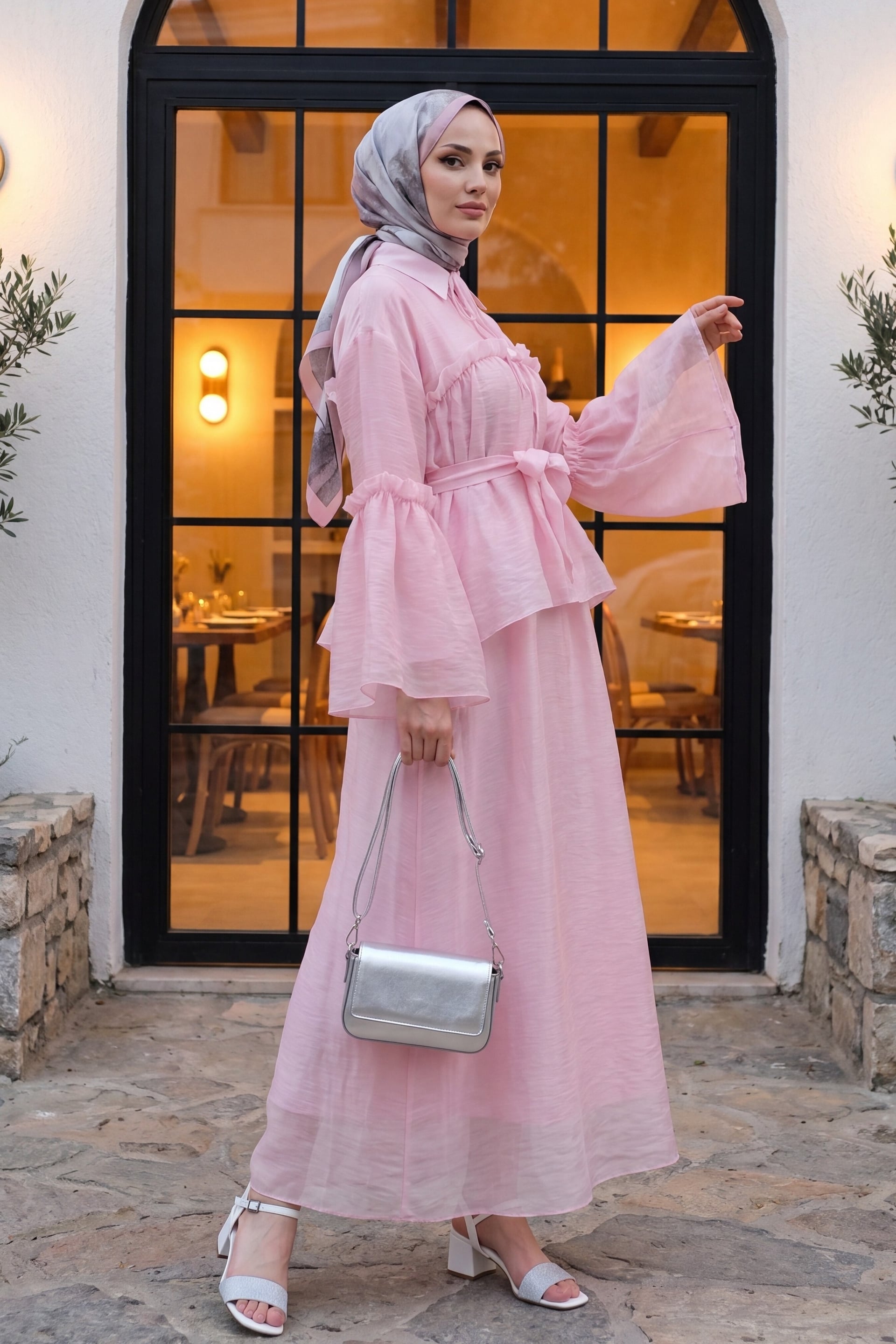 Tie-Collar Ruffled Lined Belted Tulle Voile Dress - Powder Pink - Podyumplus - by Peralane - photo 4