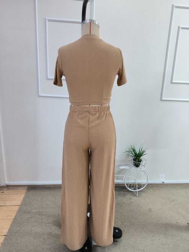 Women's Beige Ribbed Crop Top and Wide-Leg Trouser Two-Piece Set - Janes - by Peralane - photo 5
