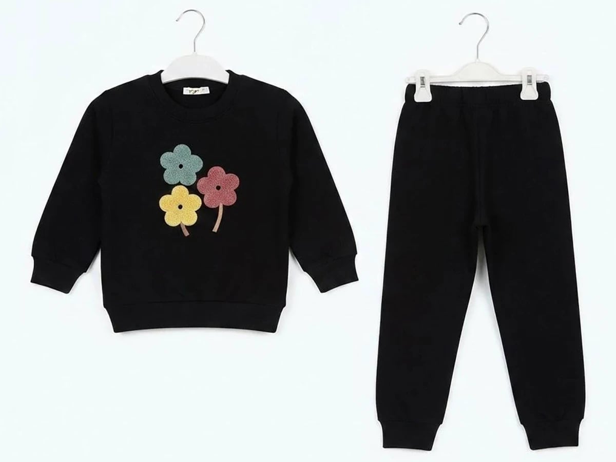 Girls' 3-Piece Brushed Fleece Sweatshirt and Trousers Set with Floral Print - Black - CMK - by Peralane