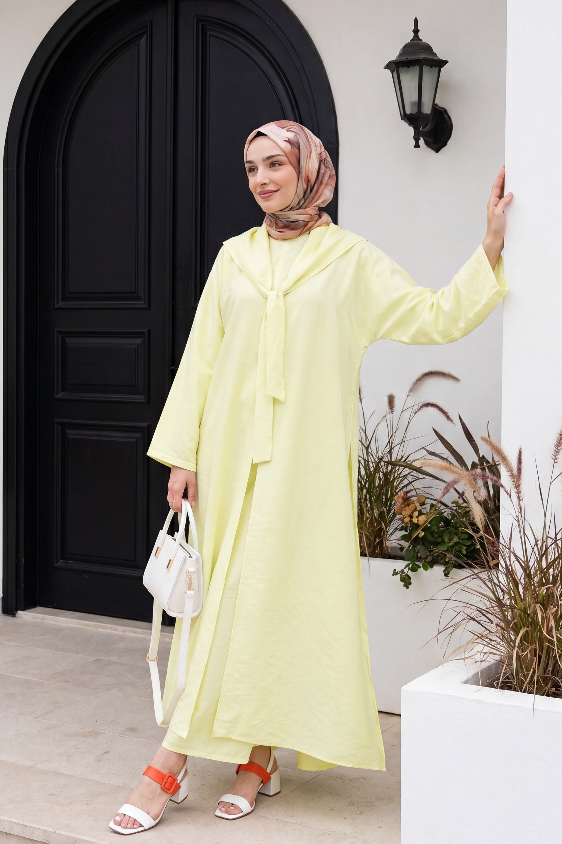 Pale Yellow Modal Two-Piece Set with Scarf Detail and Deep Slit Pants with Pockets - Podyumplus - by Peralane