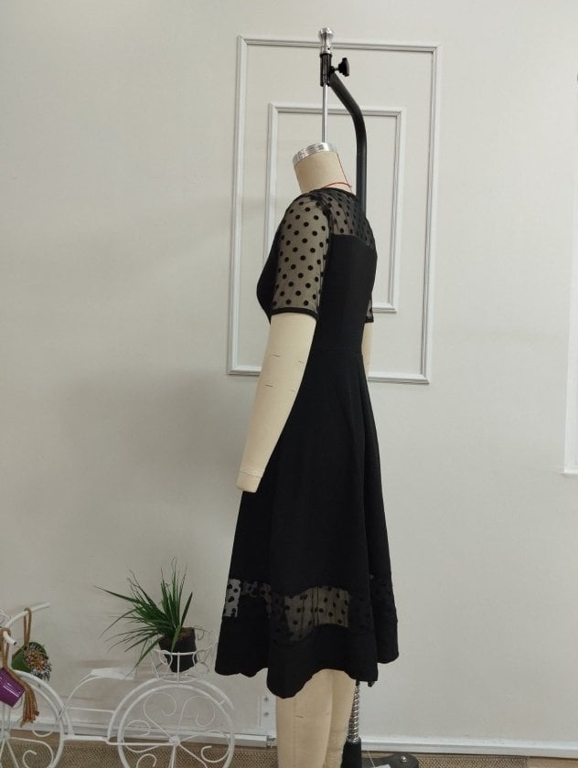 Women's Black Short-Sleeved Polka Dot Tulle Detail Midi Crepe Dress - Janes - by Peralane - photo 6
