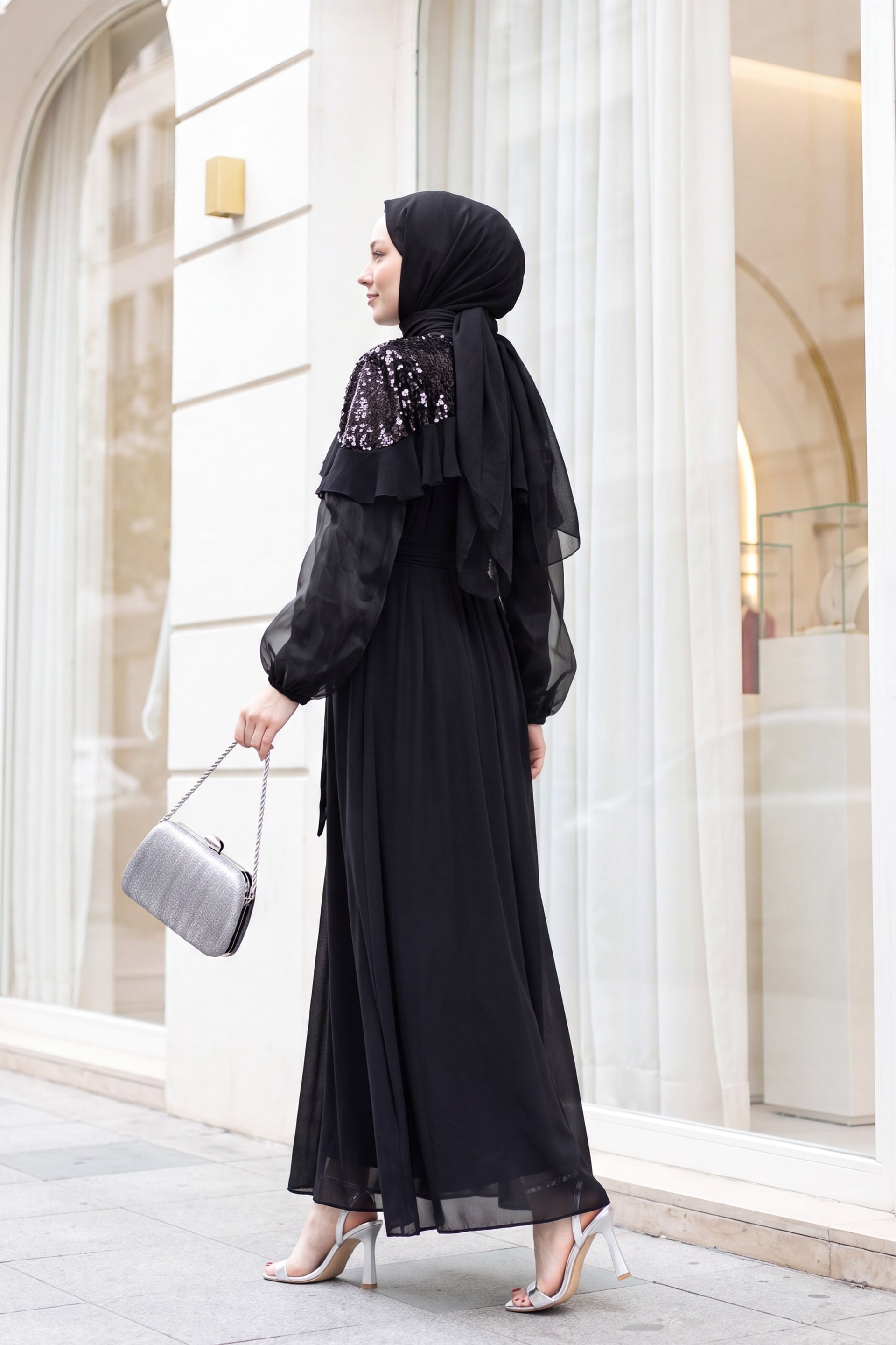 Women's Sequin-Embellished Chiffon Sleeve Abaya with Belt - Black - Podyumplus - by Peralane - photo 3