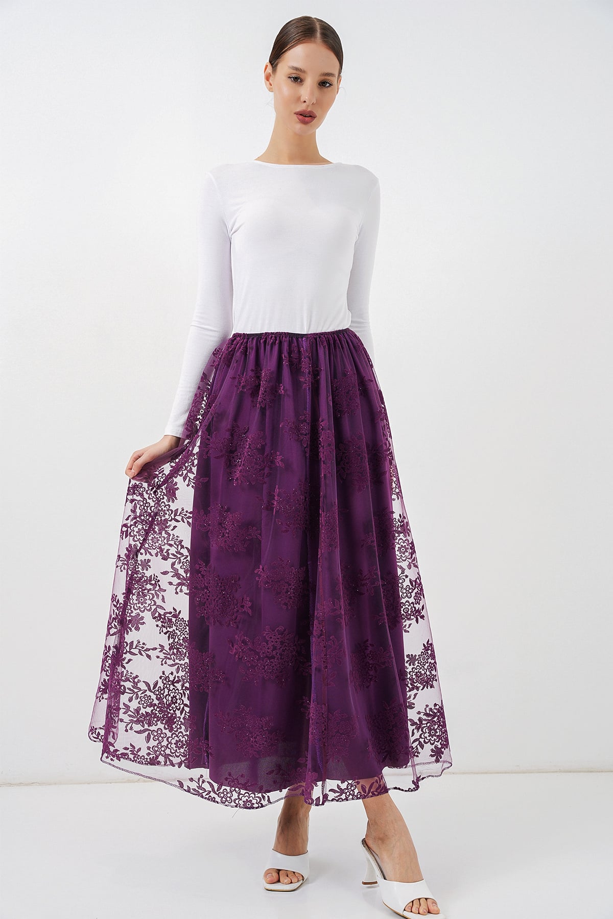 Women's Long Tulle Skirt with Flock Print - Purple - Bigdart - by Peralane - photo 7