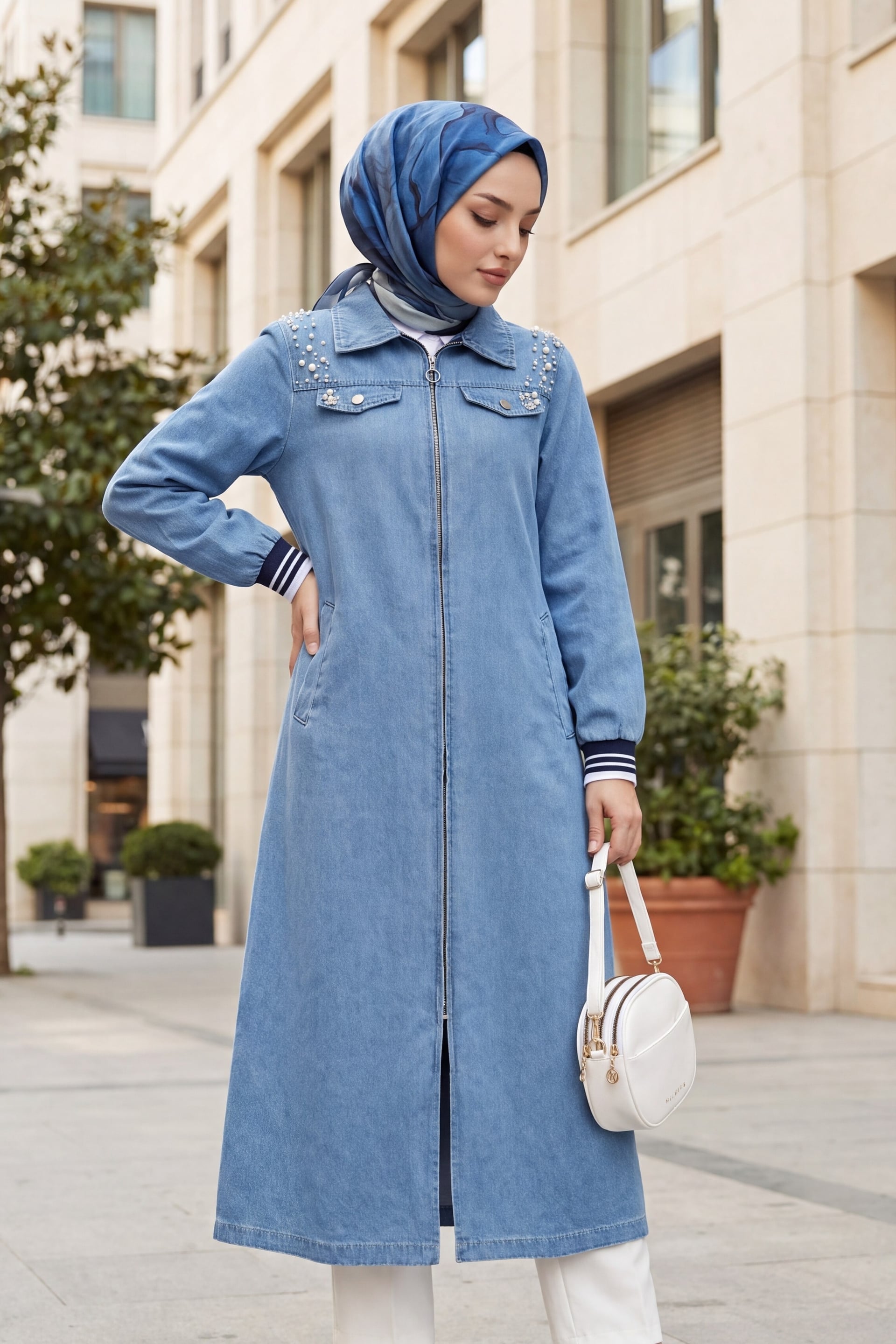 Longline Zip-Up Denim Jacket with Pearl Embellished Shoulders - Light Blue - Podyumplus - by Peralane - photo 3