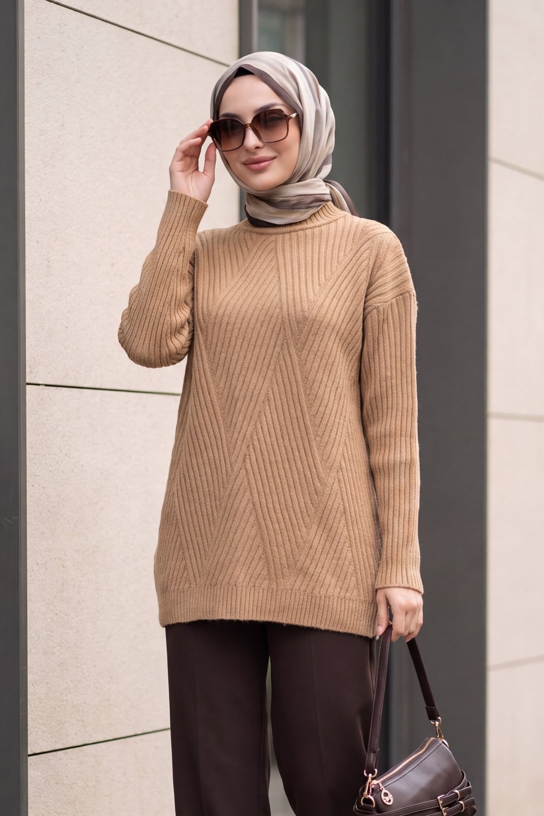 Camel Diamond Pattern Knit Tunic - Podyumplus - by Peralane - photo 2