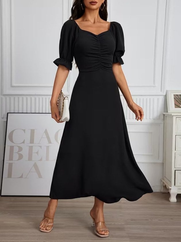 Women's Black Midi Dress with Sweetheart Neckline and Puffed Sleeves - Janes - by Peralane