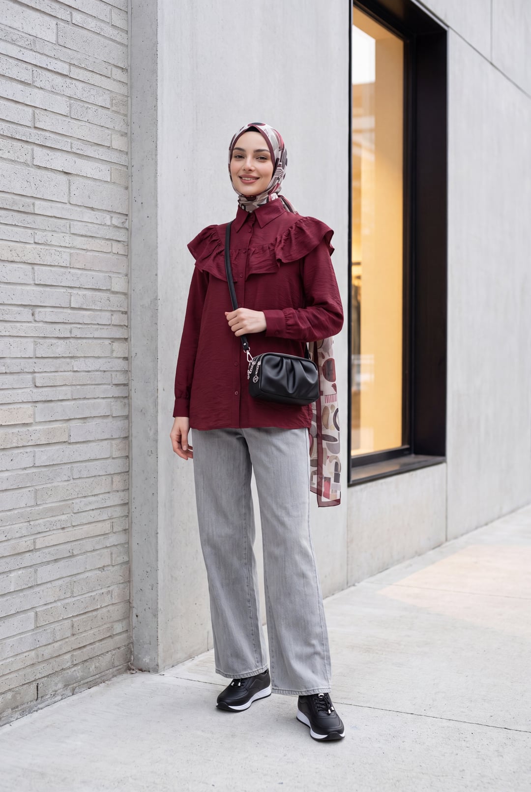 Ruffled Yoke Buttoned Rayon Tunic - Bordeaux - Podyumplus - by Peralane - photo 8