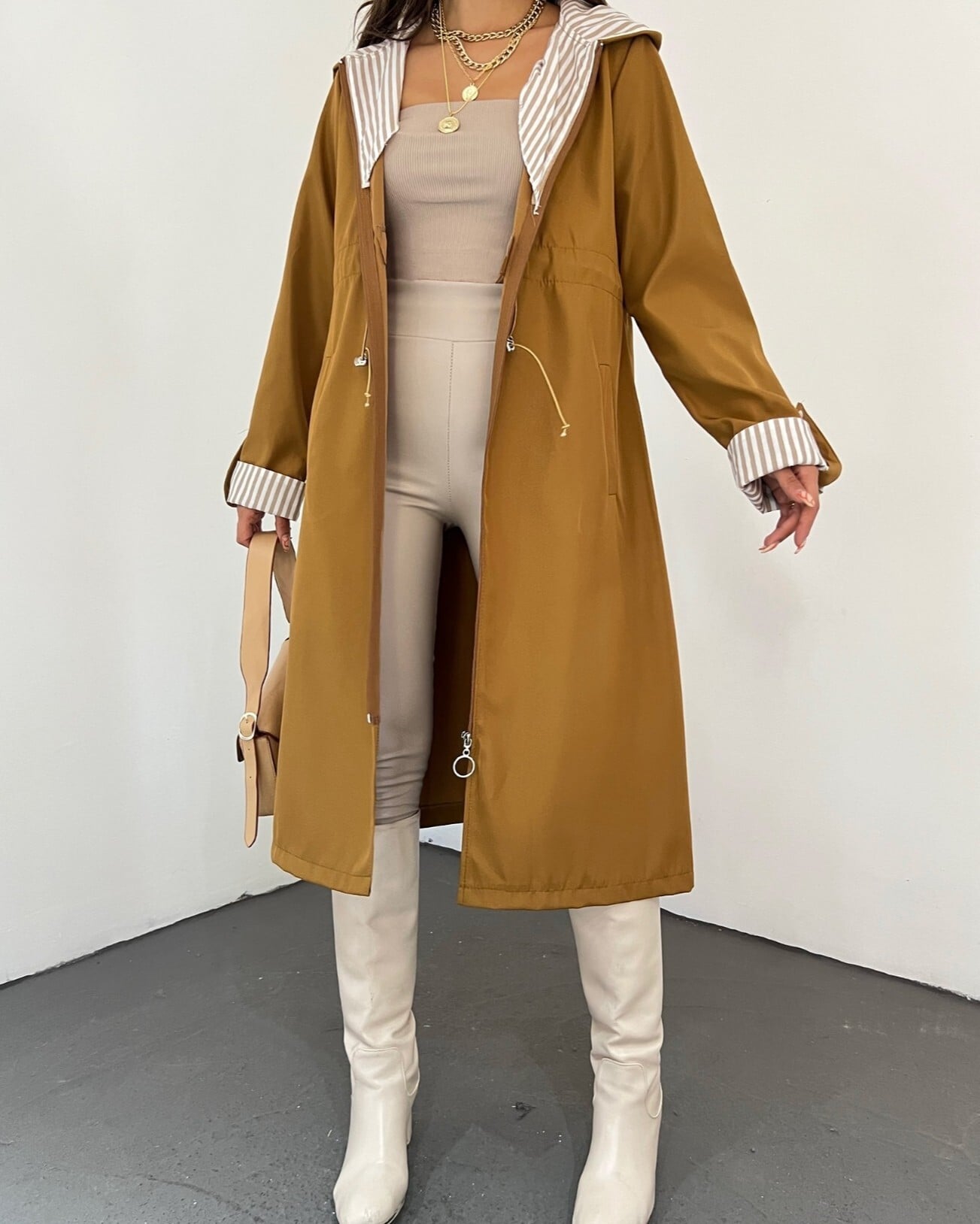 Women's Hooded Belted Trench Coat in Tan - Podyumplus - by Peralane - photo 4