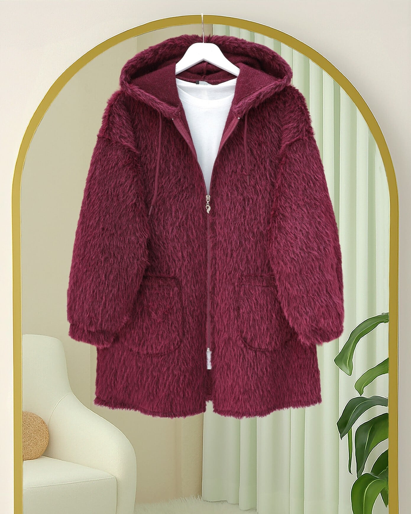 Hooded Zip-Up Fleece Jacket with Pockets - Burgundy - Podyumplus - by Peralane - photo 2