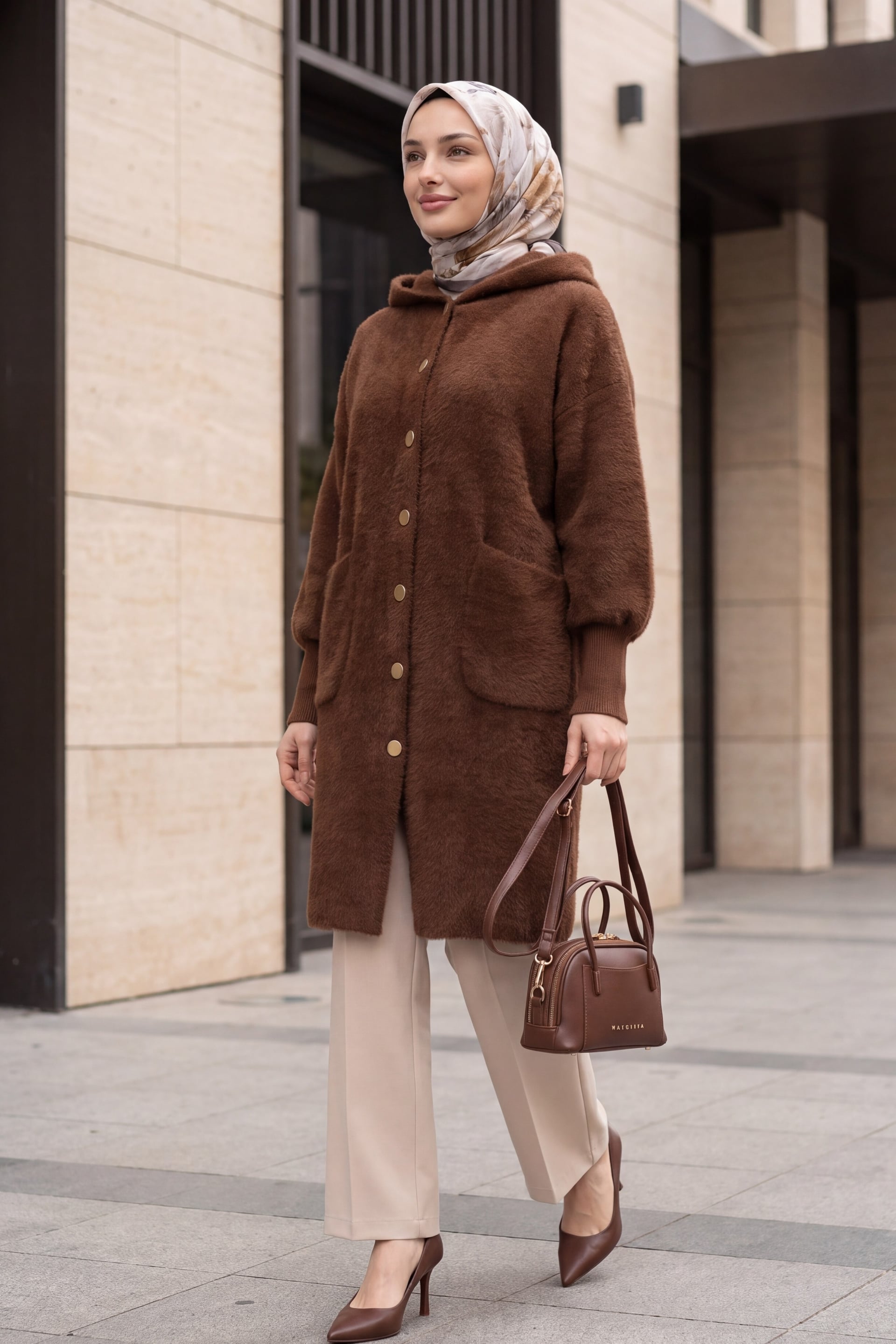 Hooded Double Pocket Button Front Fuzzy Cardigan - Brown - Podyumplus - by Peralane - photo 4