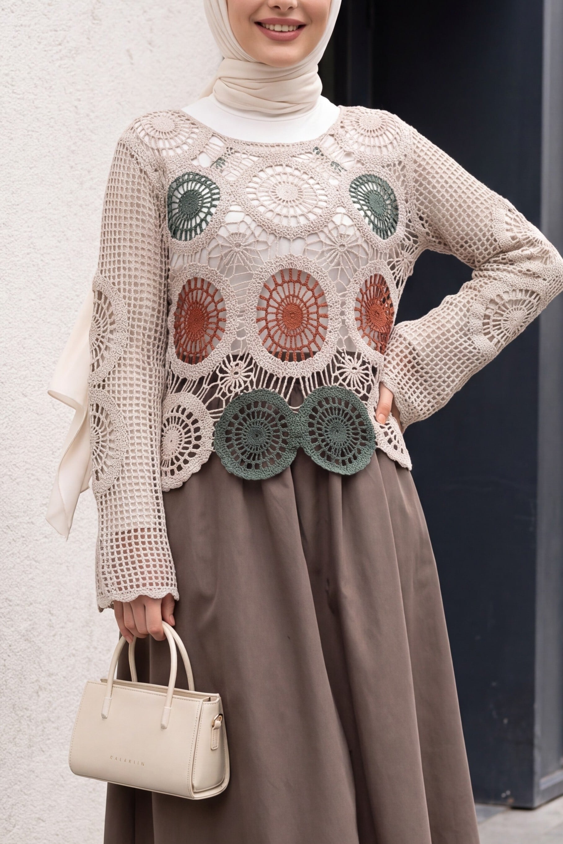 Beige Crochet Boat Neck Blouse with Colorful Motifs - Podyumplus - by Peralane - photo 8