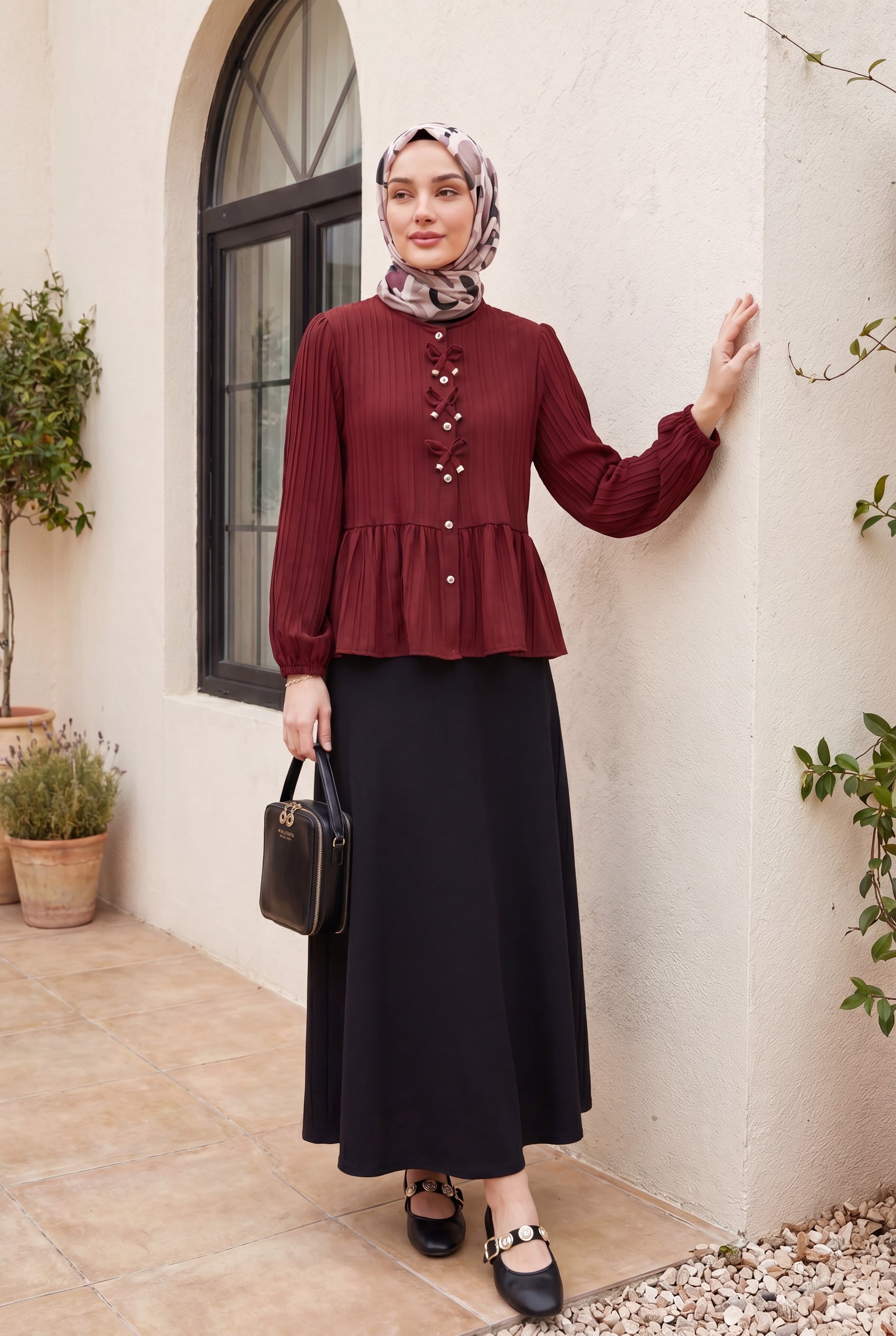 Front Bow Detail Buttoned Blouse with Elastic Cuffs - Burgundy - Podyumplus - by Peralane