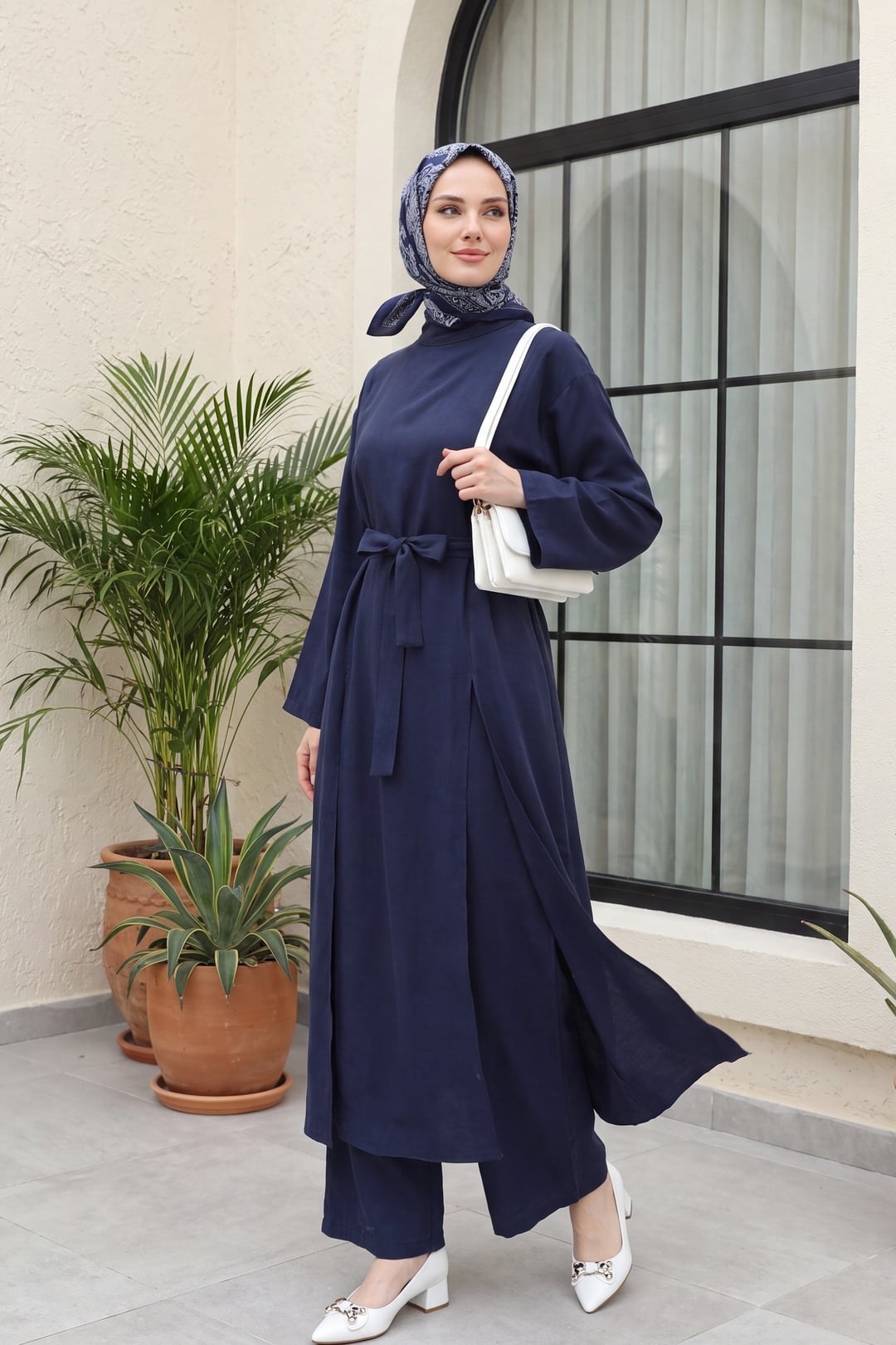 Navy Blue Modal Long Tunic and Wide-Leg Trouser Set with Pockets - Podyumplus - by Peralane - photo 4