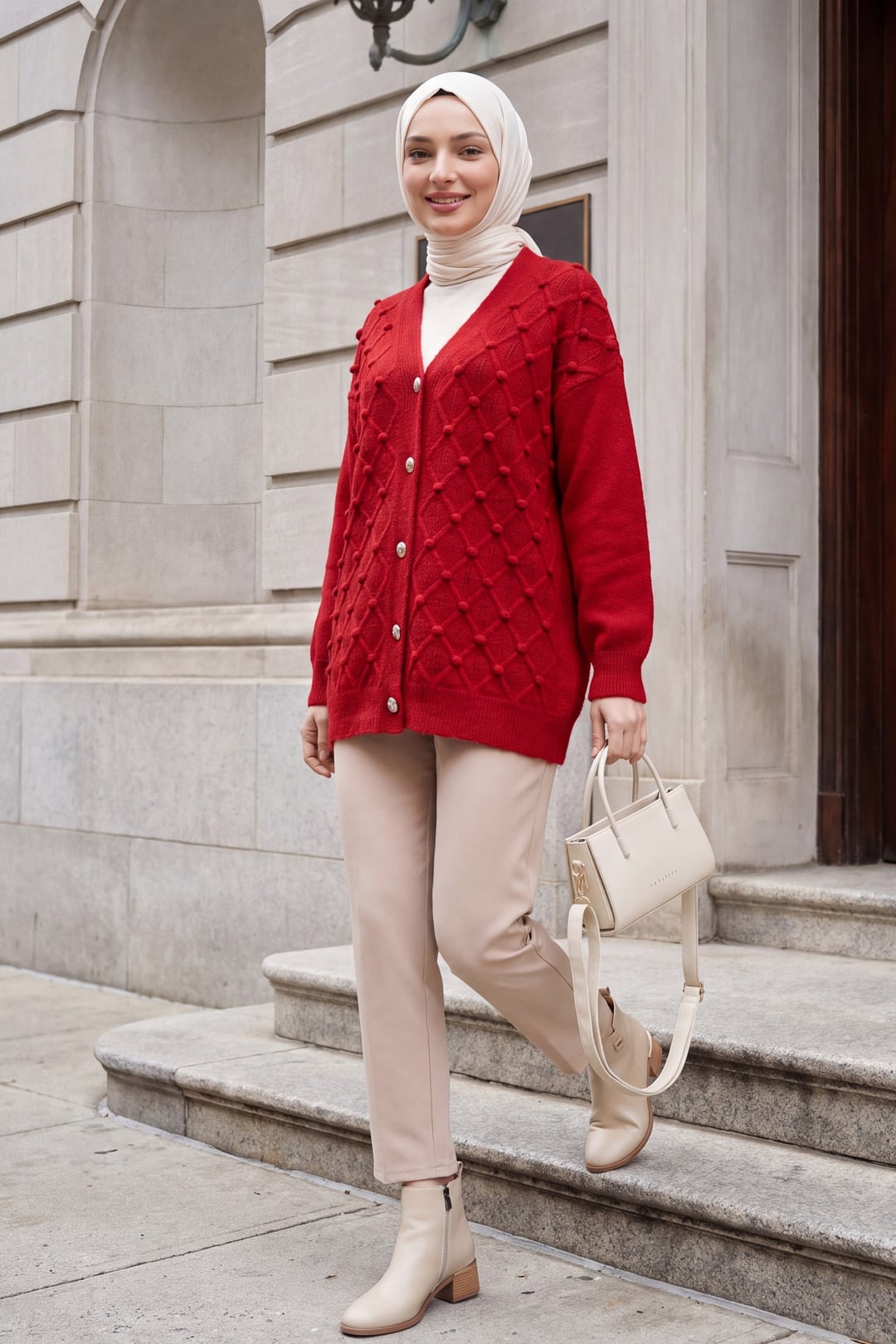 Red Raised Bobble Buttoned Knit Cardigan - Podyumplus - by Peralane - photo 4