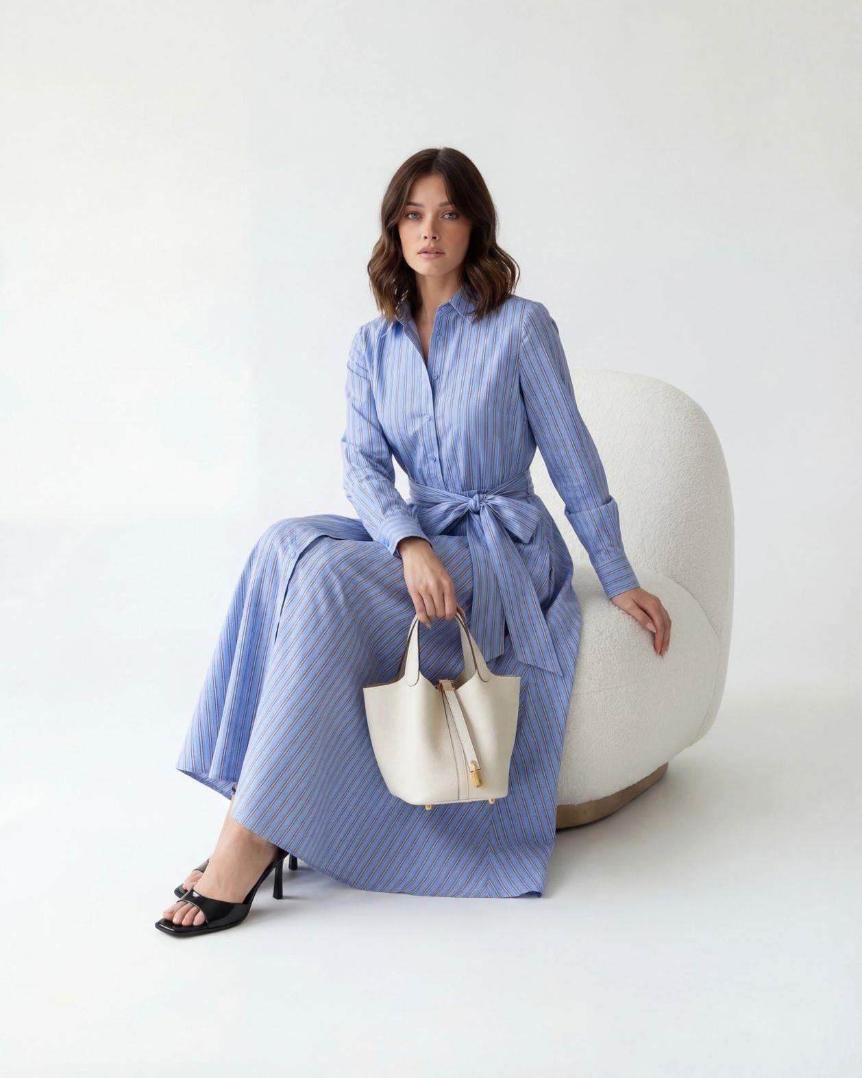Women's Blue Pinstripe Midi Dress with Tie Belt - Fame - by Peralane - photo 2