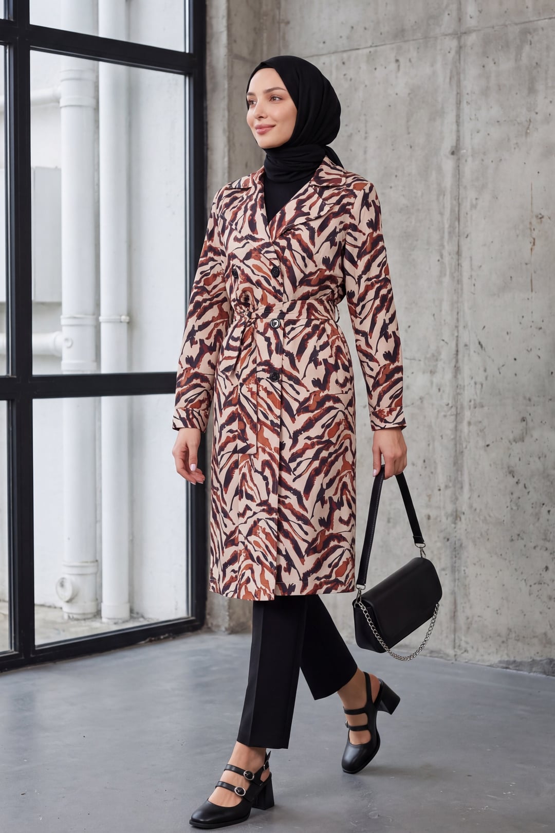 Patterned Double-Breasted Trench Coat with Belt - Beige - Bigdart - by Peralane - photo 2
