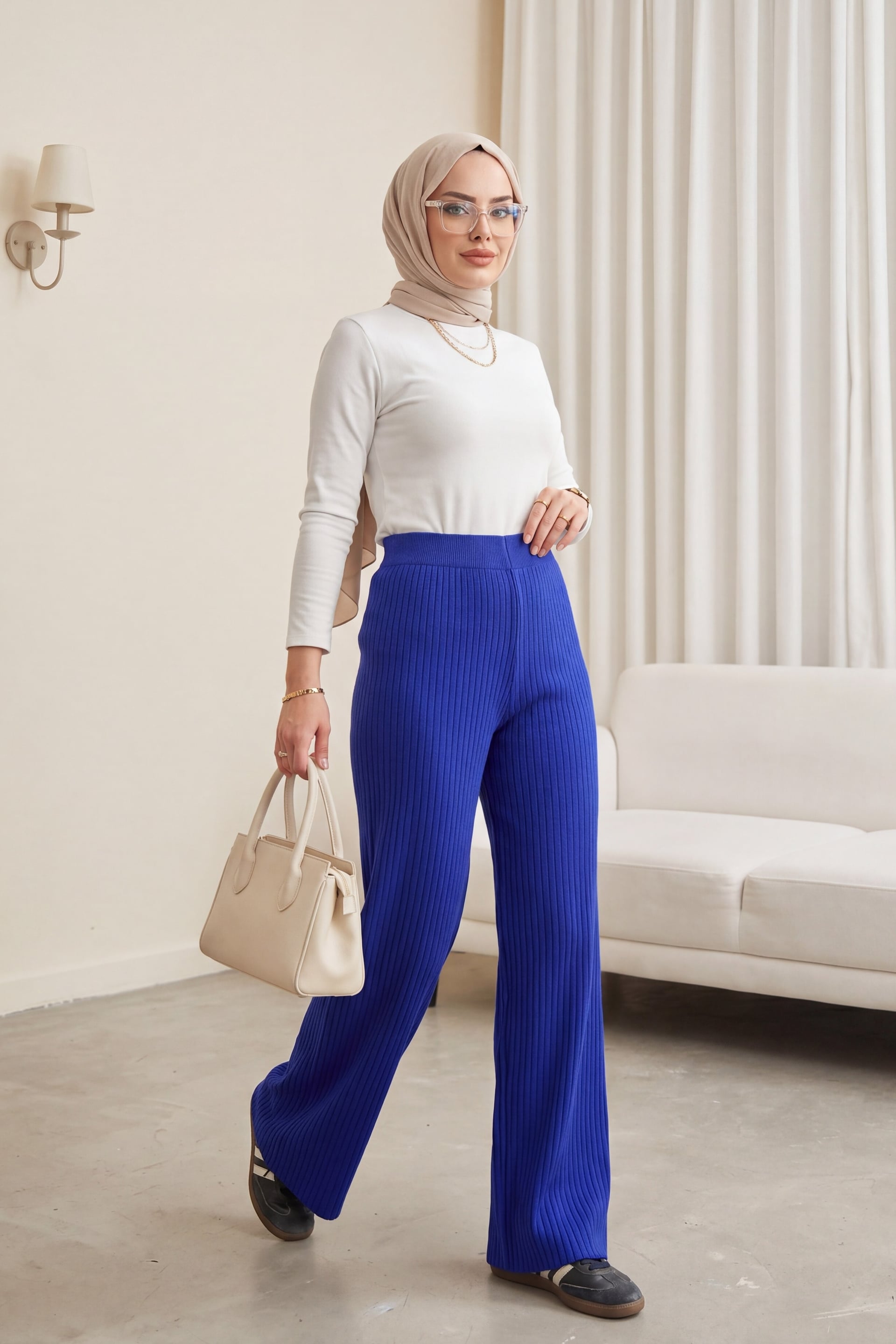 Ribbed Knit Wide-Leg Trousers - Saks Blue - Podyumplus - by Peralane - photo 2
