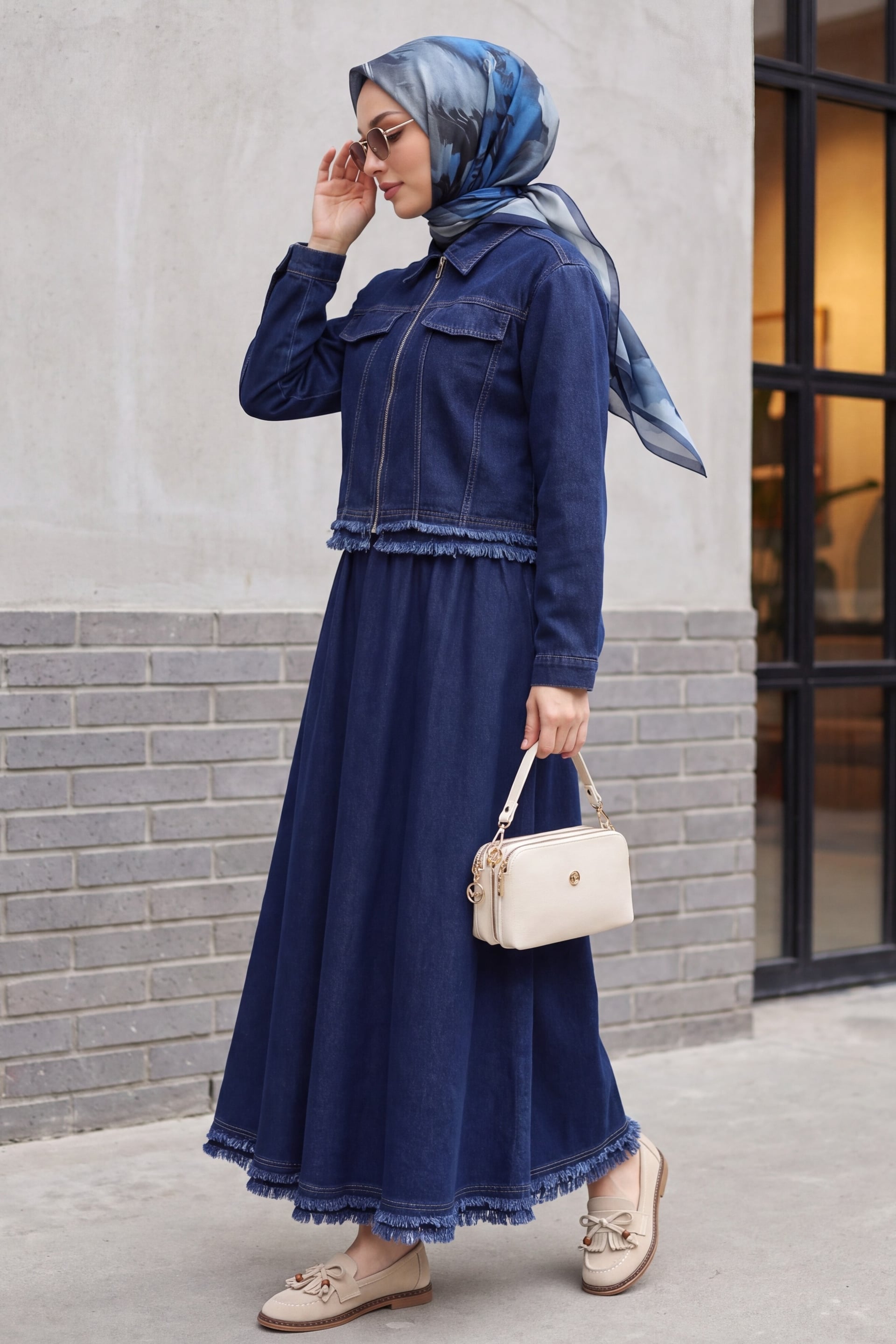 Fringed Zip-Front Denim Jacket and Skirt Co-ord Set - Navy - Podyumplus - by Peralane - photo 2