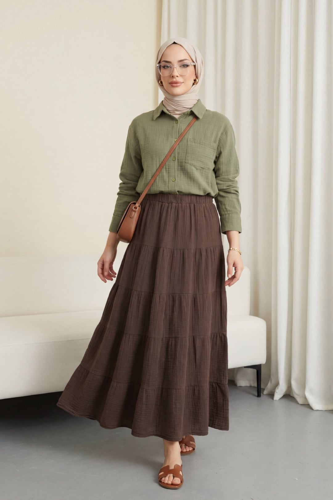 Single Pocket Buttoned Muslin Shirt - Khaki - Podyumplus - by Peralane - photo 2