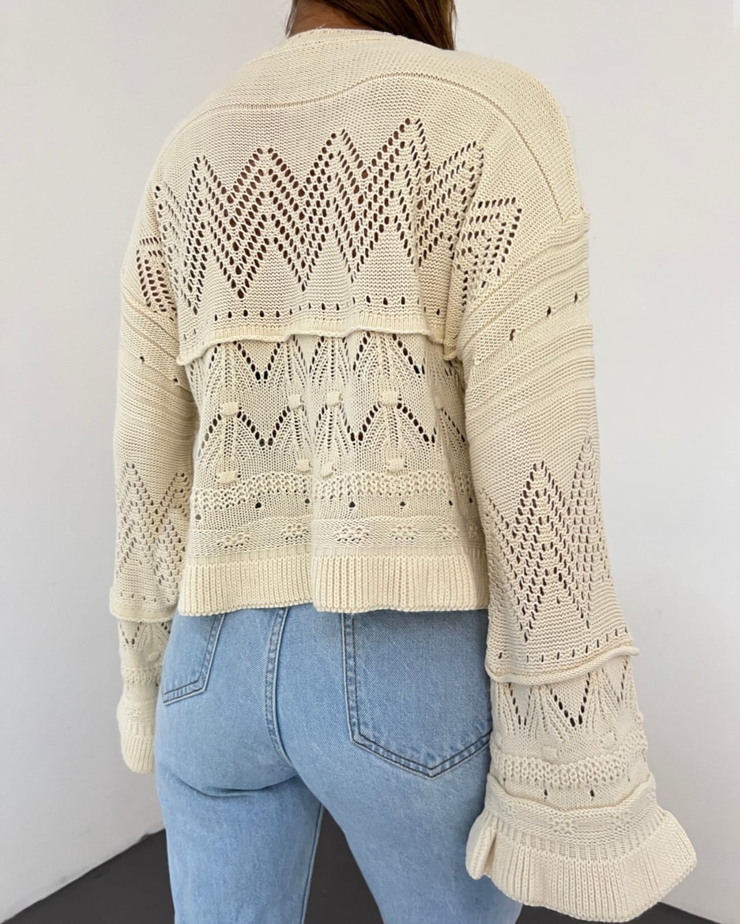 Ecru Open-Knit Pompom Detail Long Sleeve Knit Sweater - Podyumplus - by Peralane - photo 3