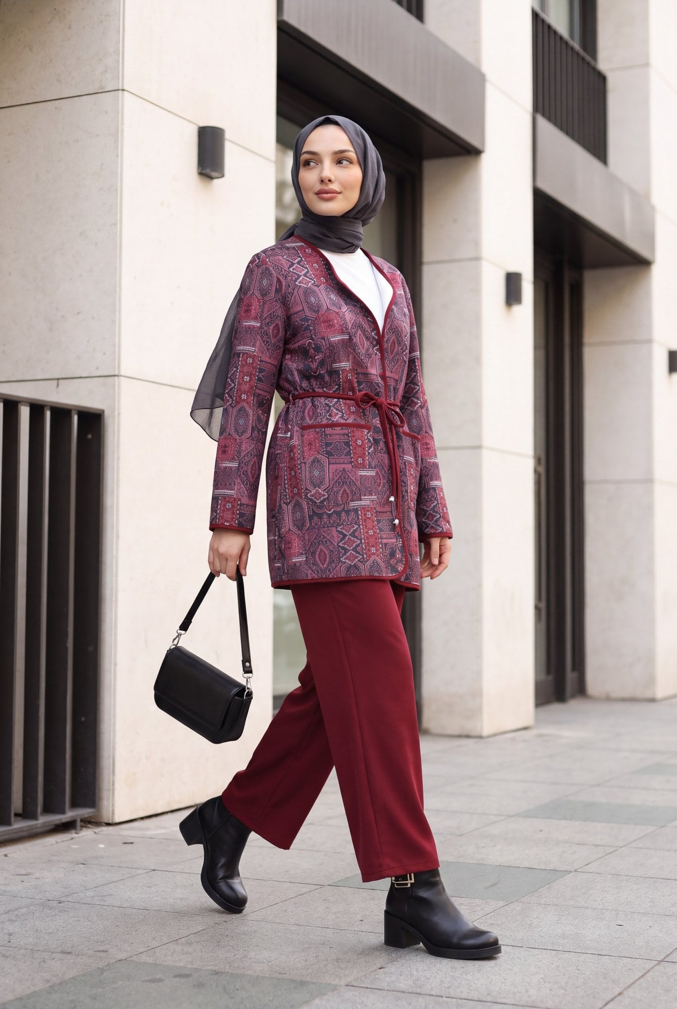 Tie-Waist Double-Pocket Patterned Scuba Suit Set in Burgundy - Podyumplus - by Peralane - photo 2