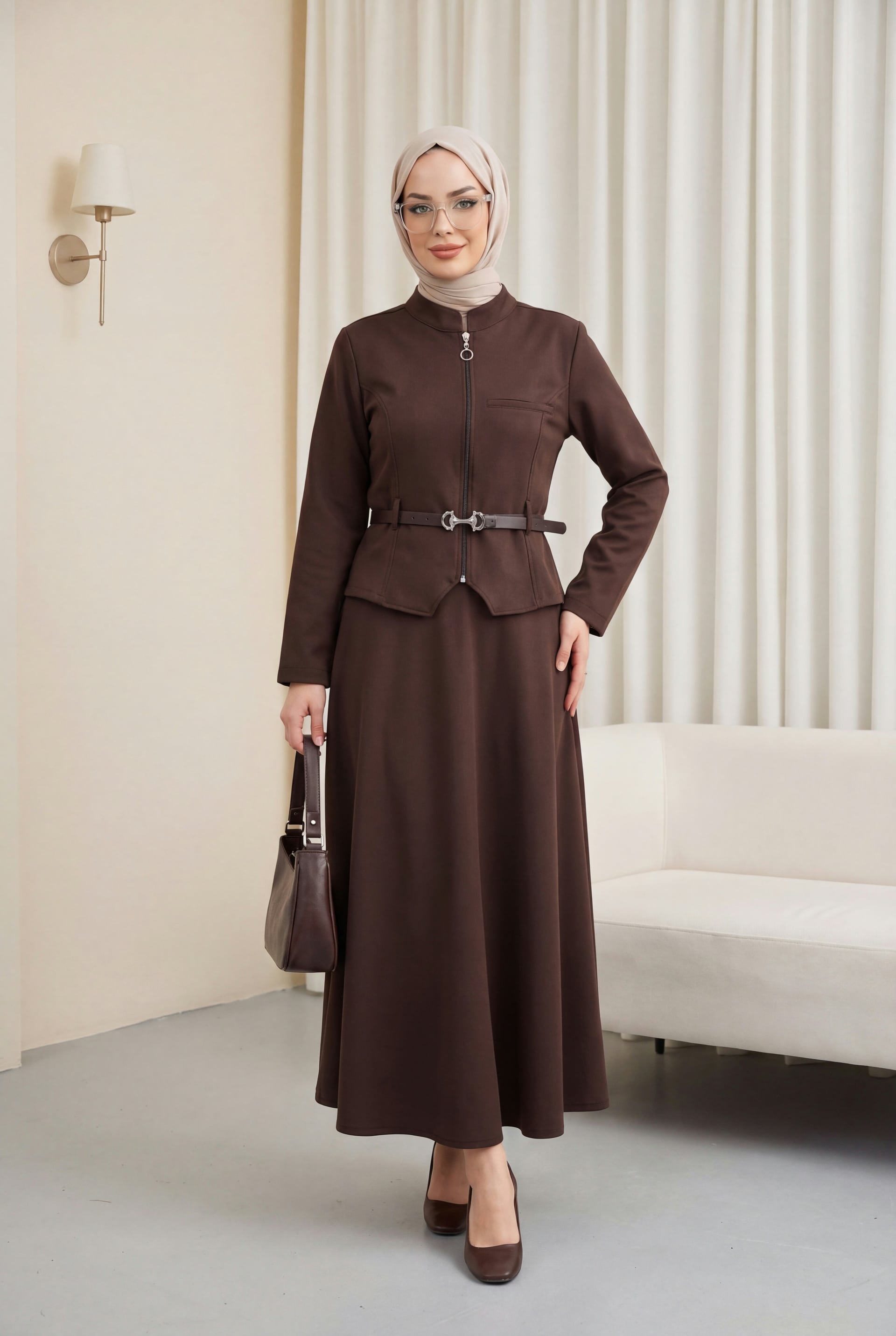 Front Zipper Pocket Detail Belted Skirt Diagonal Two-Piece Set - Brown - Podyumplus - by Peralane - photo 5