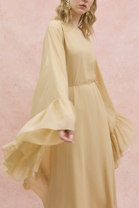 Beige Chiffon Asymmetric Cut Side Frill Abaya Dress with Lining and Belt - Podyumplus - by Peralane - photo 4