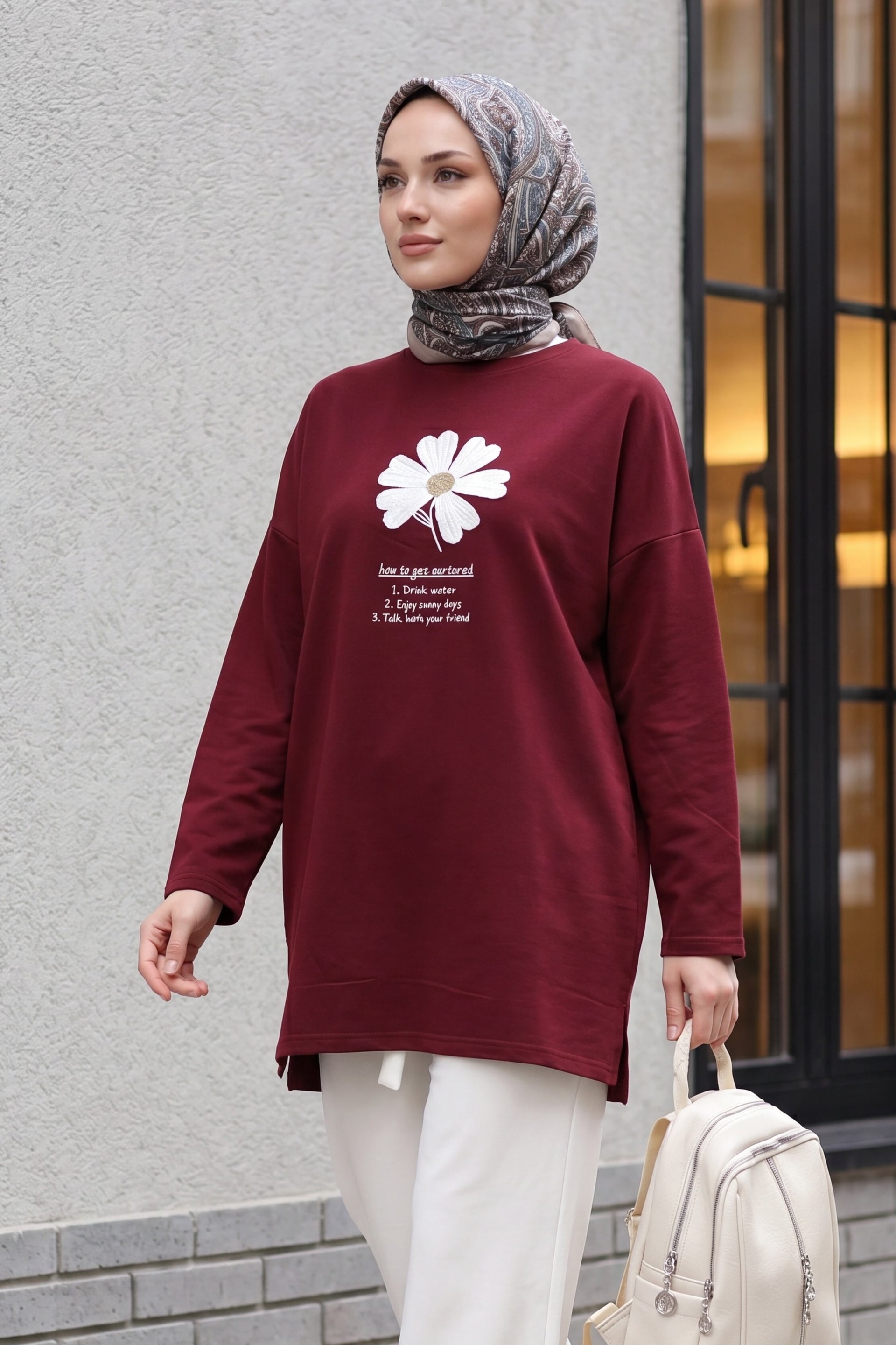Maroon Bicycle Neck Jersey Tunic with Floral Embroidery - Podyumplus - by Peralane