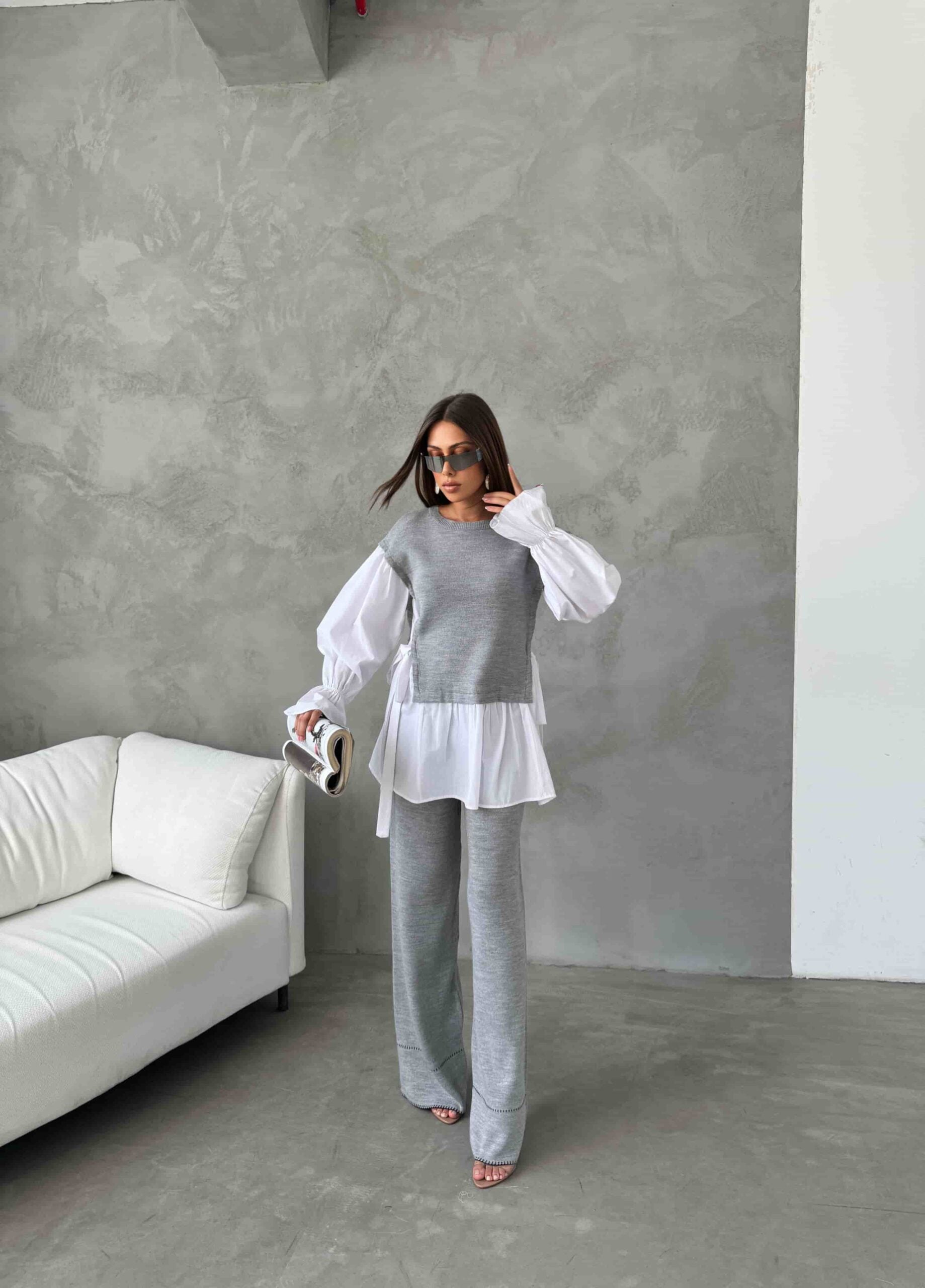 Grey Knit Two-Piece Set with Shirt Layer and Wide-Leg Trousers - My Bee - by Peralane