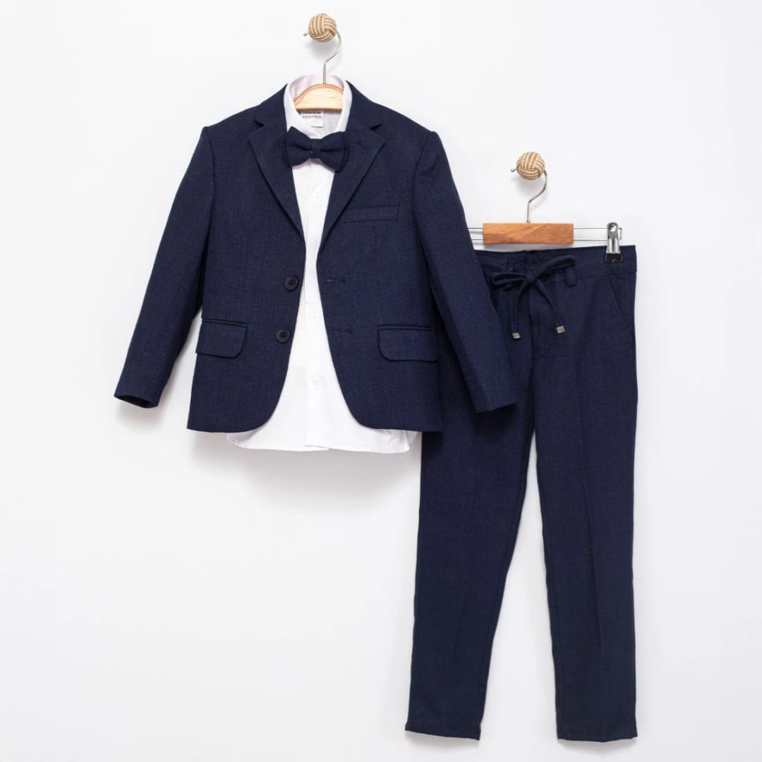 Navy Blue Boys' Formal Suit Set with Houndstooth Jacket and Vest - 4-Piece Pack - Terry - by Peralane