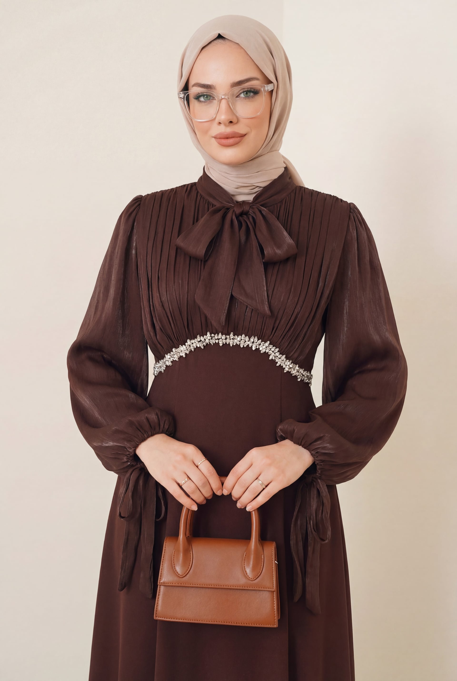 Brown Lace-Up Neck and Sleeves Pleated Satin Skirt Crepe Dress - Podyumplus - by Peralane