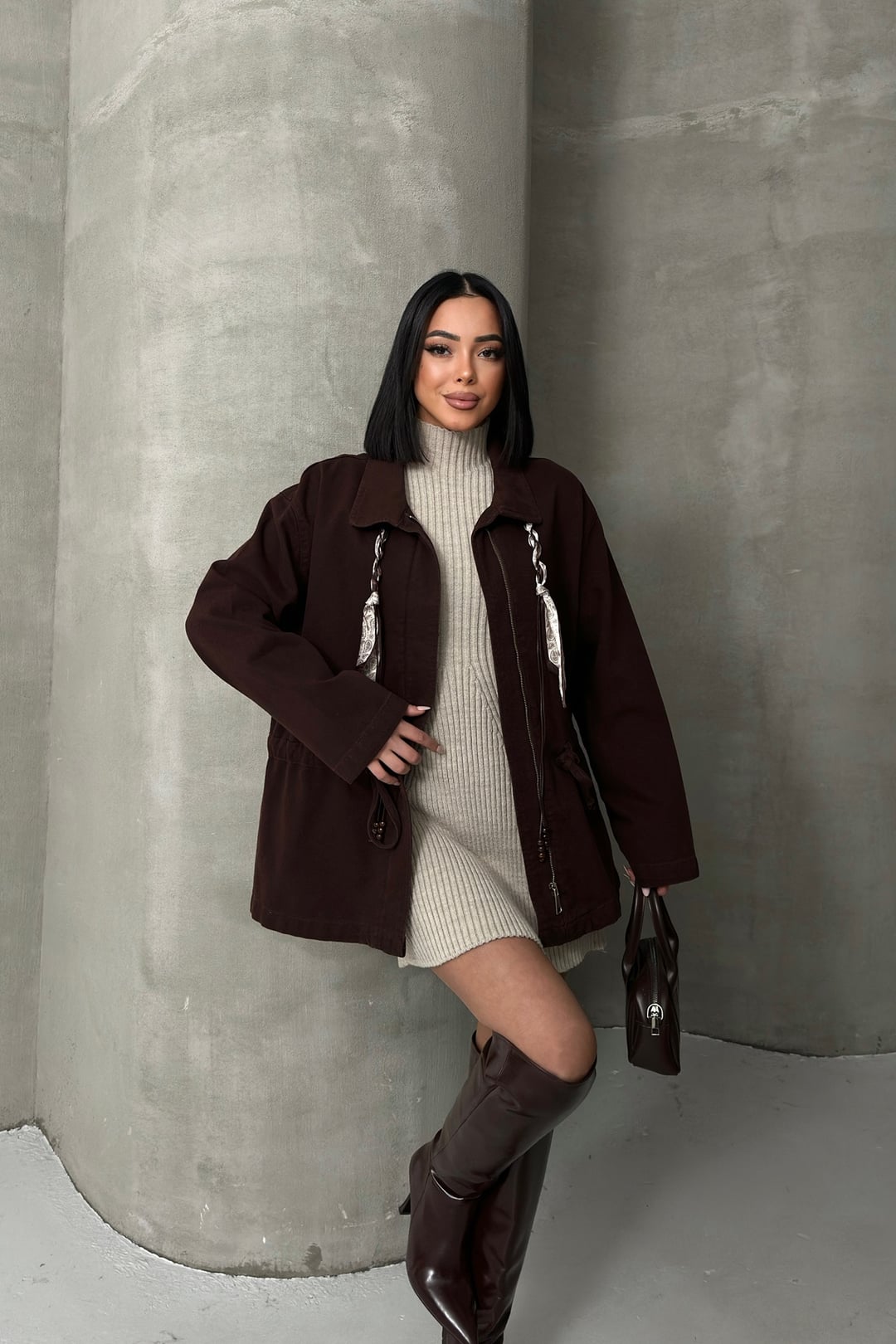 Drawstring Waist Denim Jacket 6145 Brown - Xlove - by Peralane - photo 6