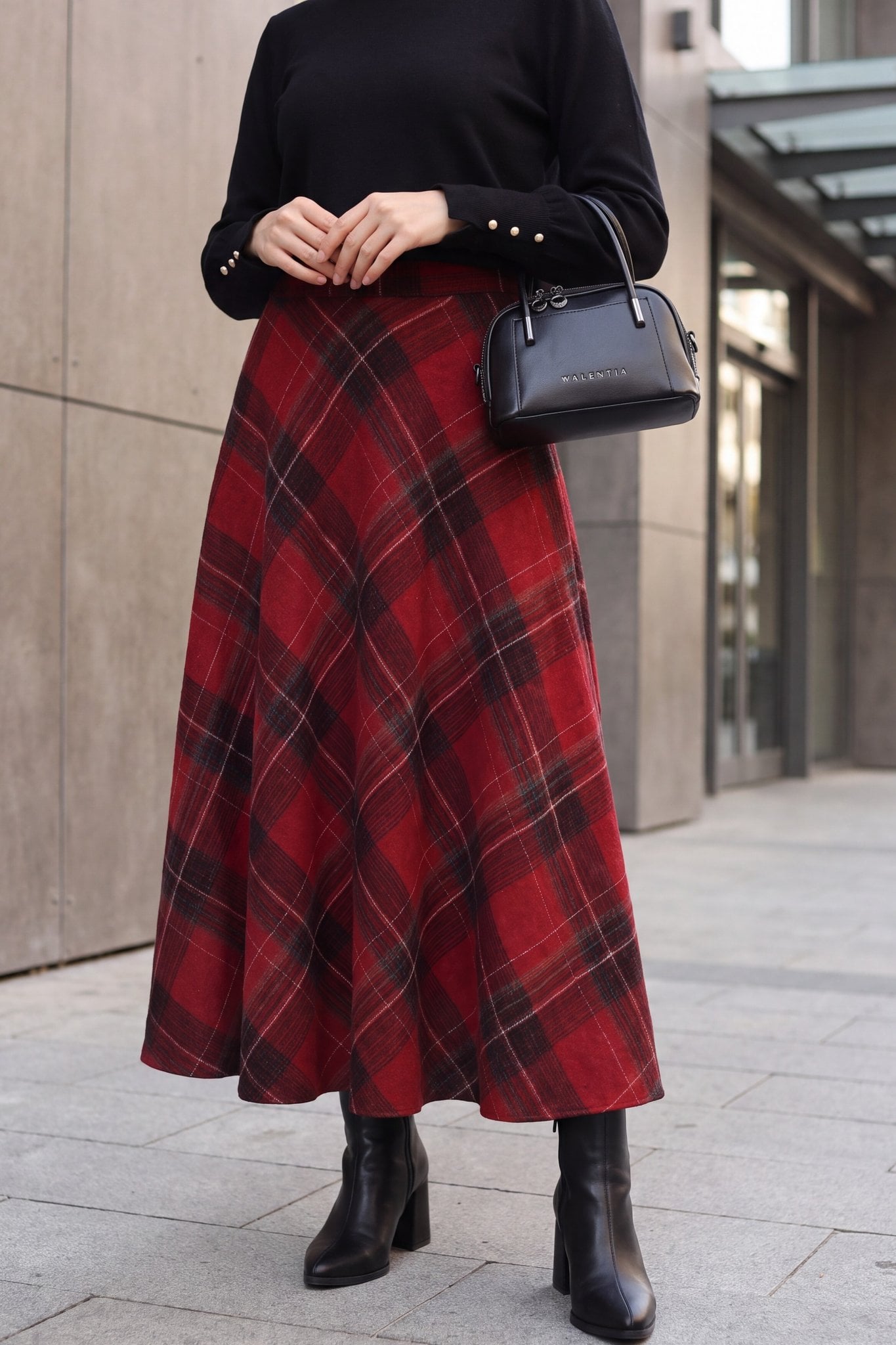 Plaid Wool Blend A-Line Skirt with Side Zipper - Burgundy - Podyumplus - by Peralane