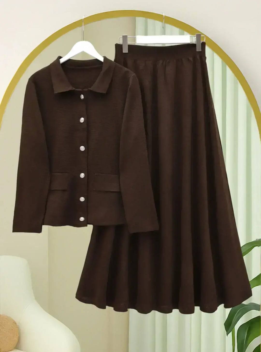 Button-Front Collared Knit Co-ord Set with Skirt - Brown - Podyumplus - by Peralane - photo 2