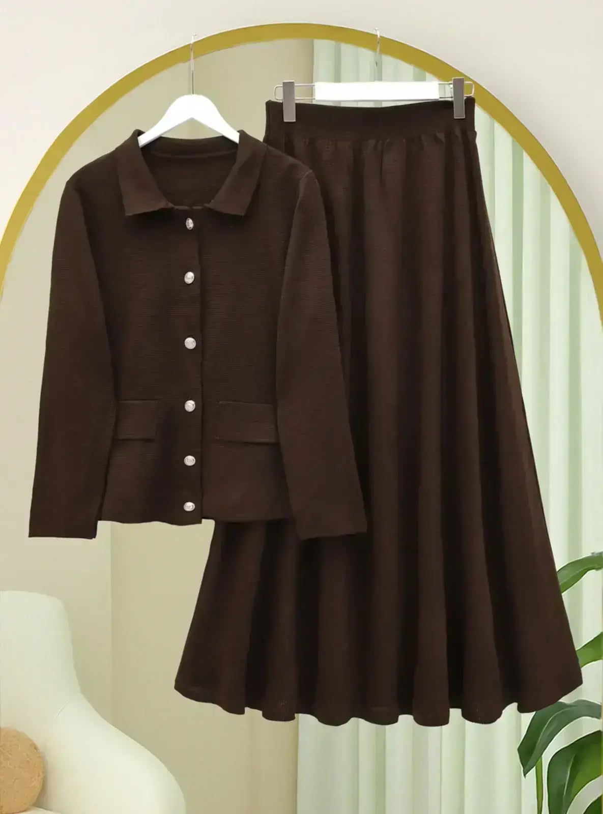 Button-Front Collared Knit Co-ord Set with Skirt - Brown - Podyumplus - by Peralane - photo 2