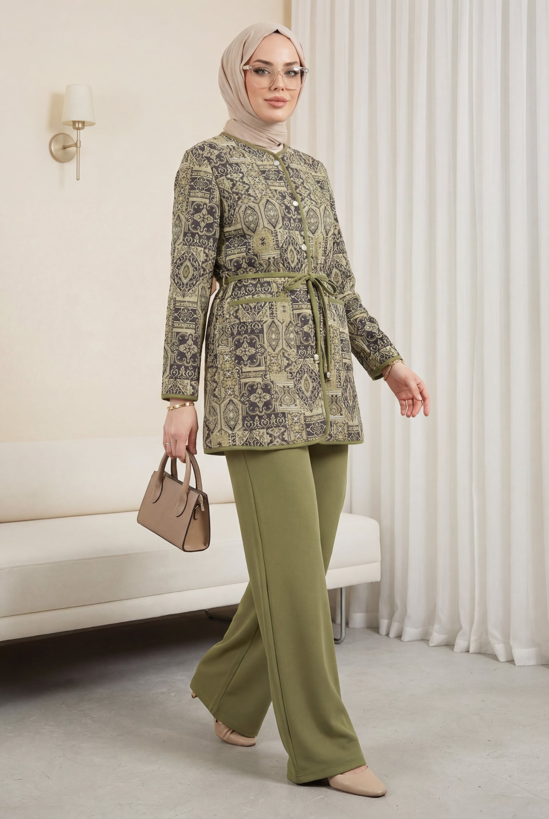 Belted Double Pocket Patterned Scuba Set - Olive Green - Podyumplus - by Peralane