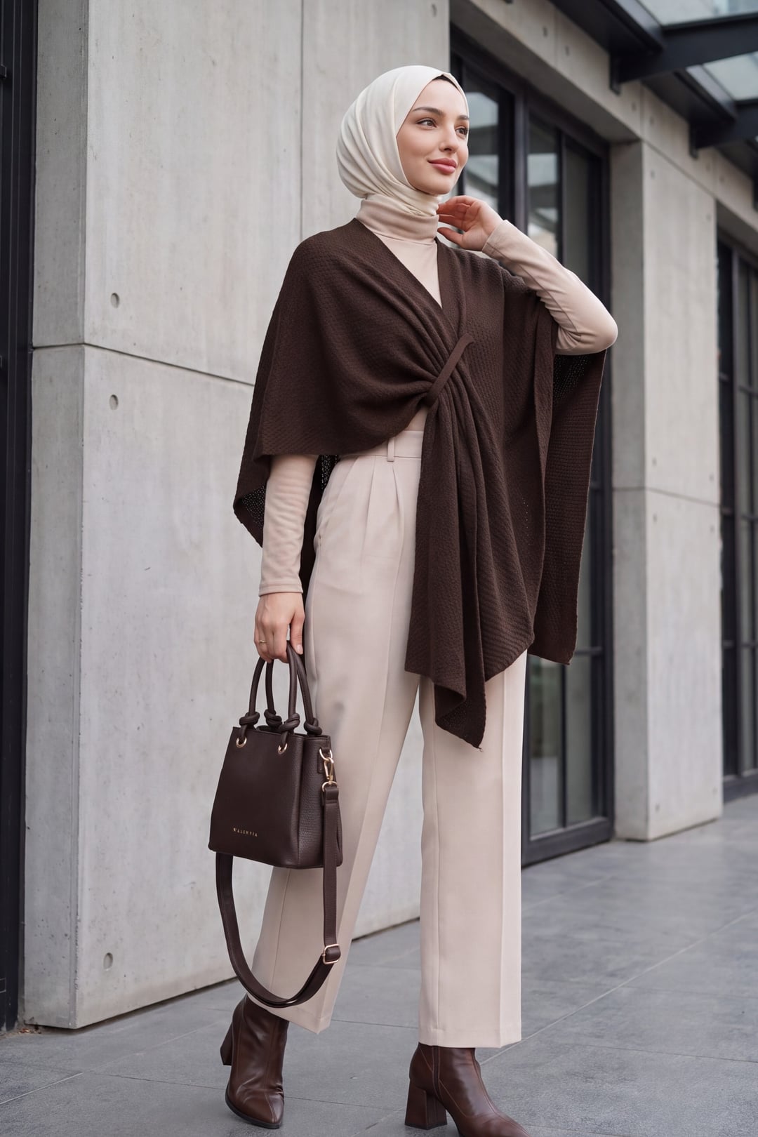 Relaxed Fit Daily Knit Poncho - Dark Brown - Podyumplus - by Peralane - photo 3