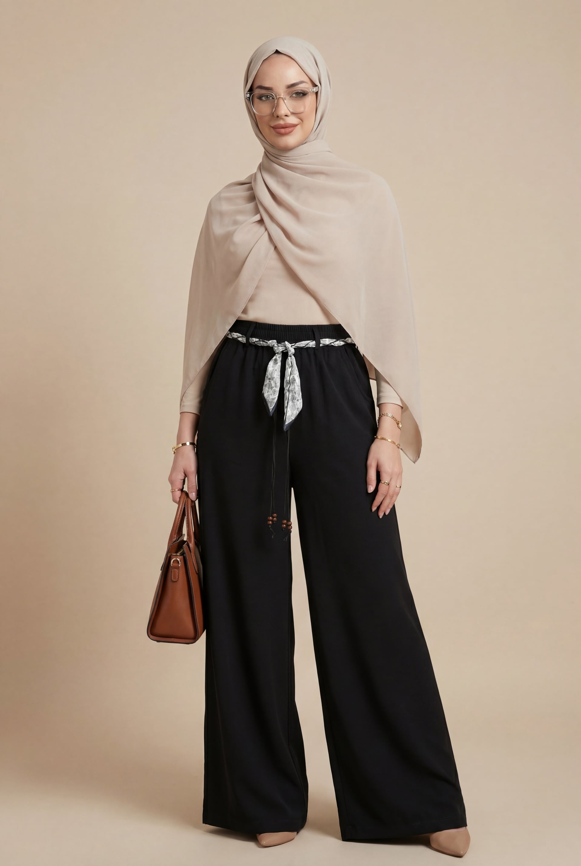 Wide-Leg Elastic Waist Belted Pocket Linen Look Trousers - Black - Podyumplus - by Peralane - photo 2