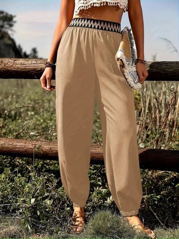 Women's High-Waist Elasticated Drawstring Trousers with Zig-Zag Pattern - Janes - by Peralane