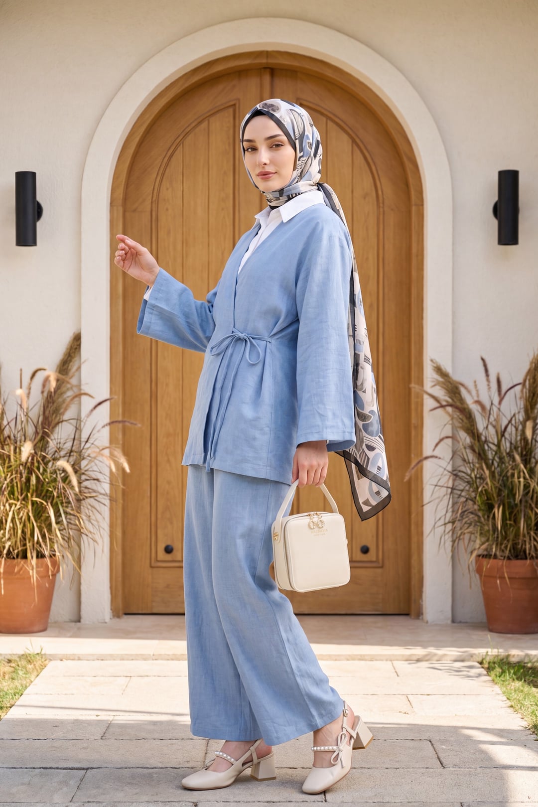 Front-Tie Kimono Set with Wide-Leg Trousers - Light Blue - Podyumplus - by Peralane - photo 2