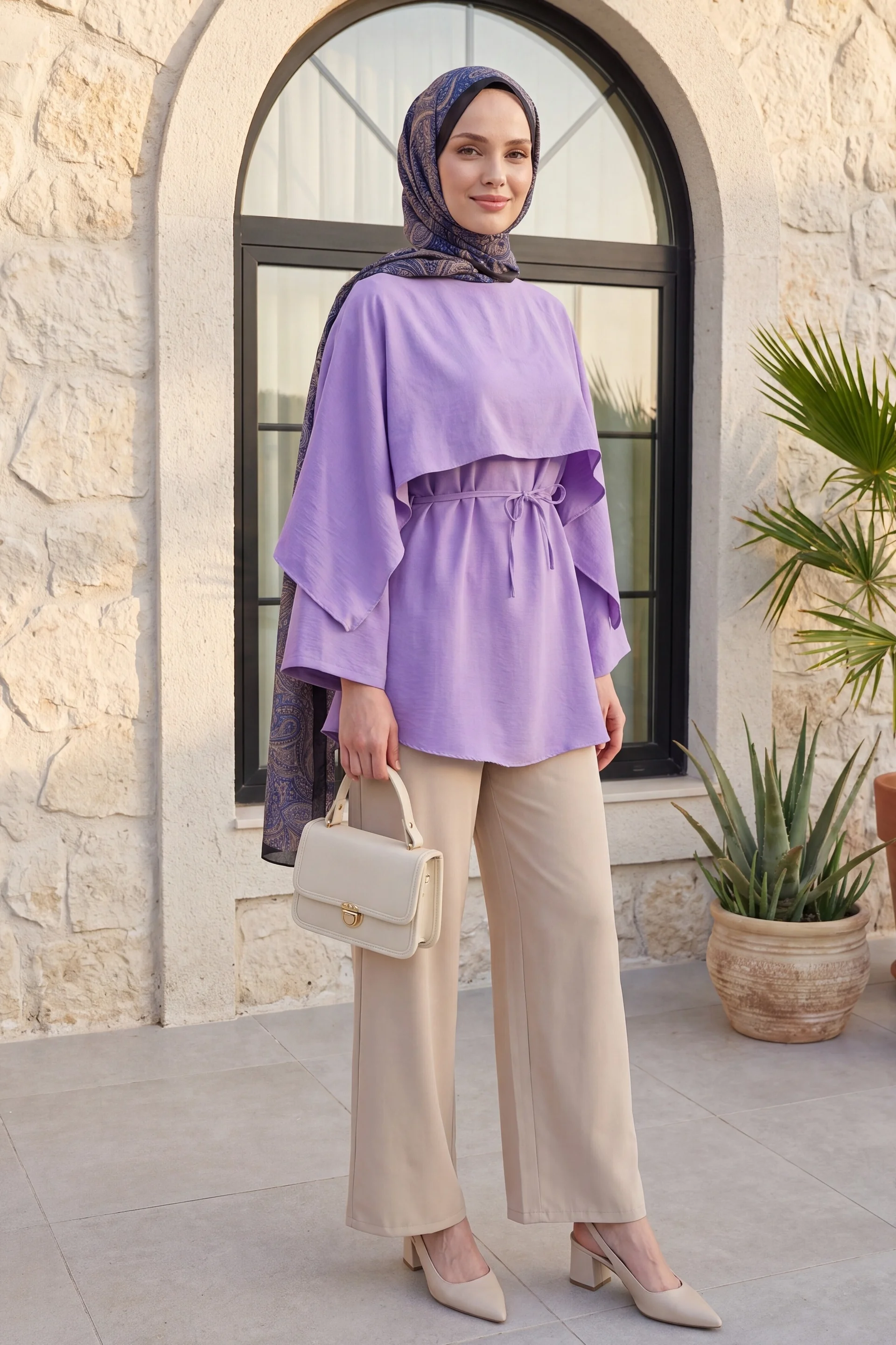 Lavender Voile Tunic with Cape Detail and Belt - Podyumplus - by Peralane - photo 3
