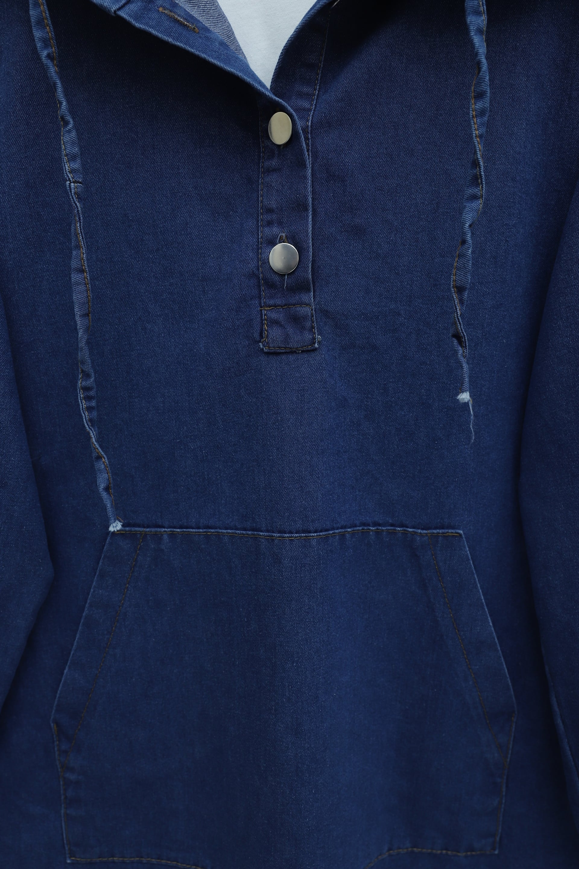 Hooded Half-Button Kangaroo Pocket Denim Set - Indigo - Podyumplus - by Peralane - photo 5