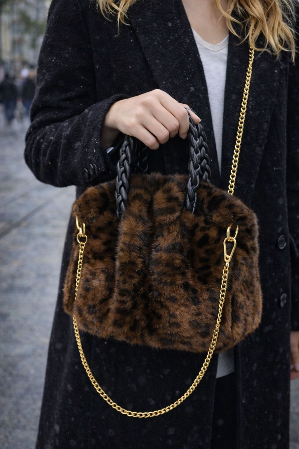 Leopard Print Brown Faux Fur Handbag with Chain Strap - Nesvay - by Peralane