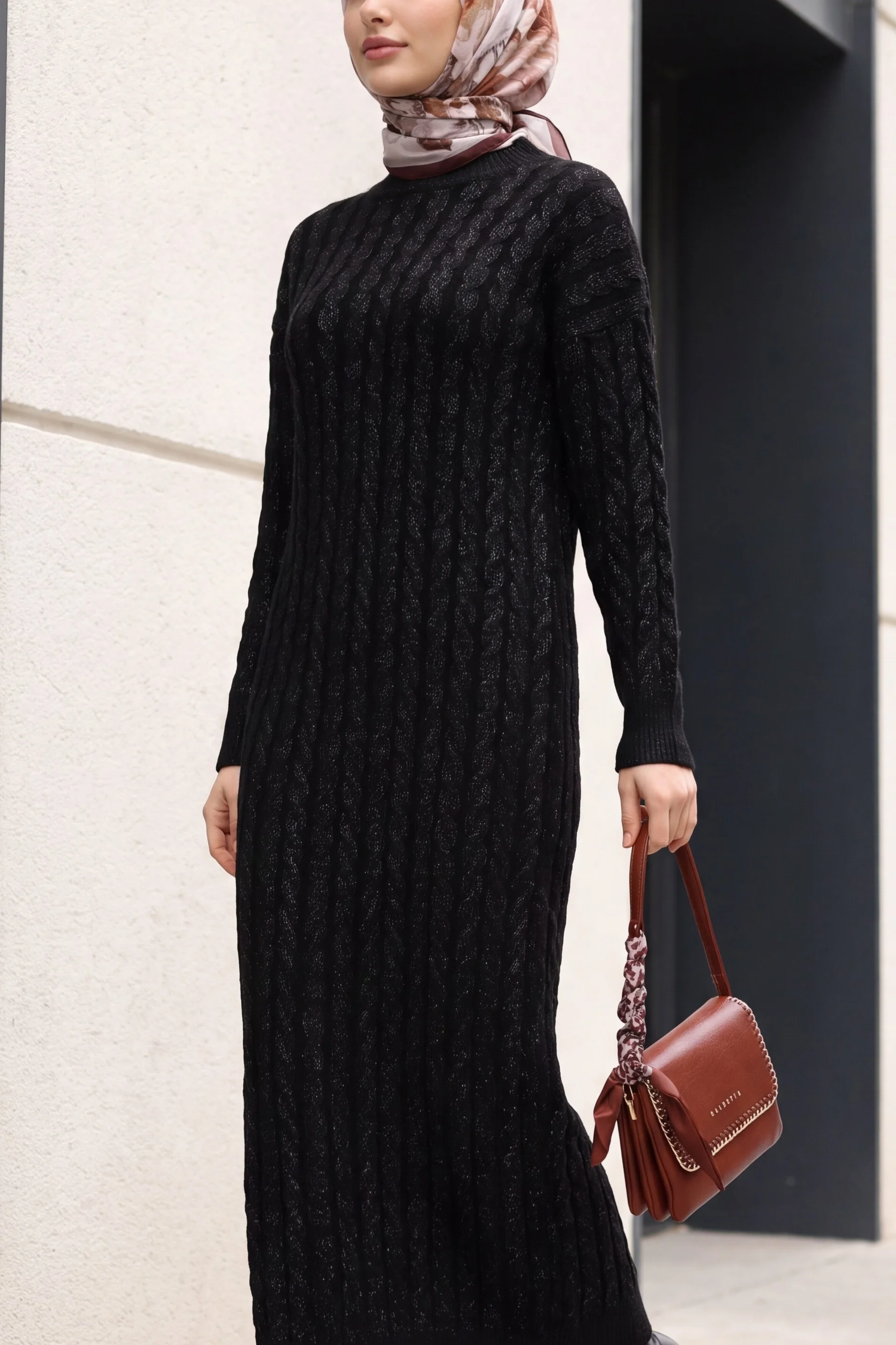 Black Basket Knit Shimmer Midi Dress - Podyumplus - by Peralane
