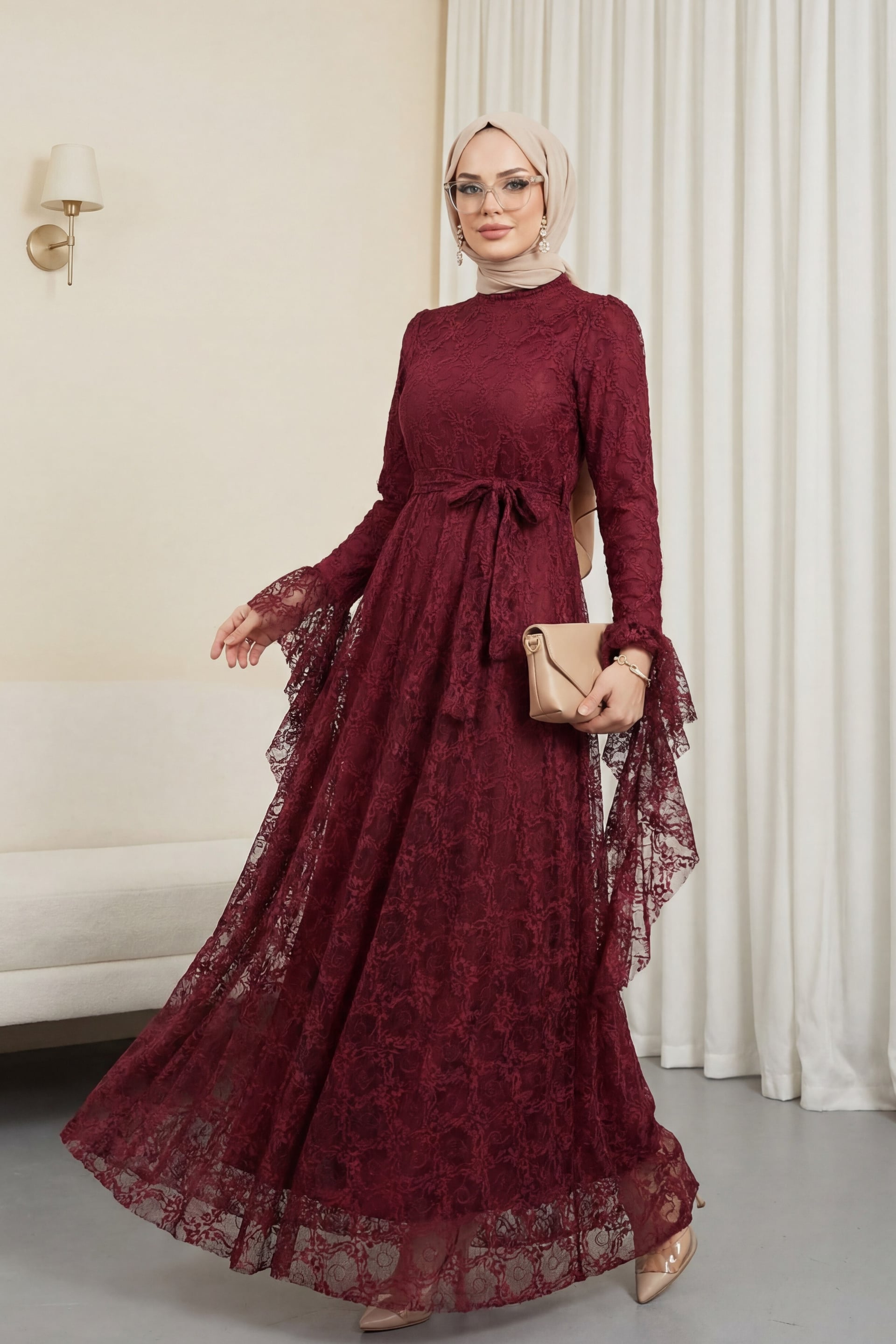 Burgundy Floral Lace Dress with Belted Waist and Flared Cuffs - Podyumplus - by Peralane