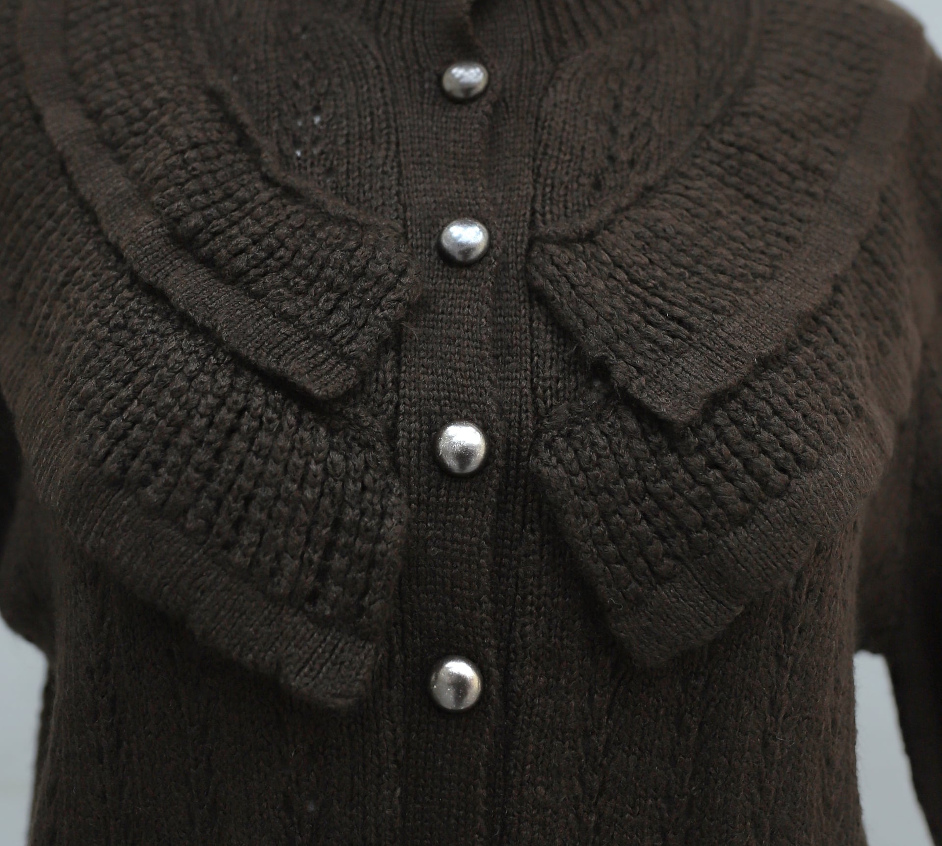 High Neck Ruffle Detail Openwork Buttoned Knit Cardigan - Dark Brown - Podyumplus - by Peralane - photo 6