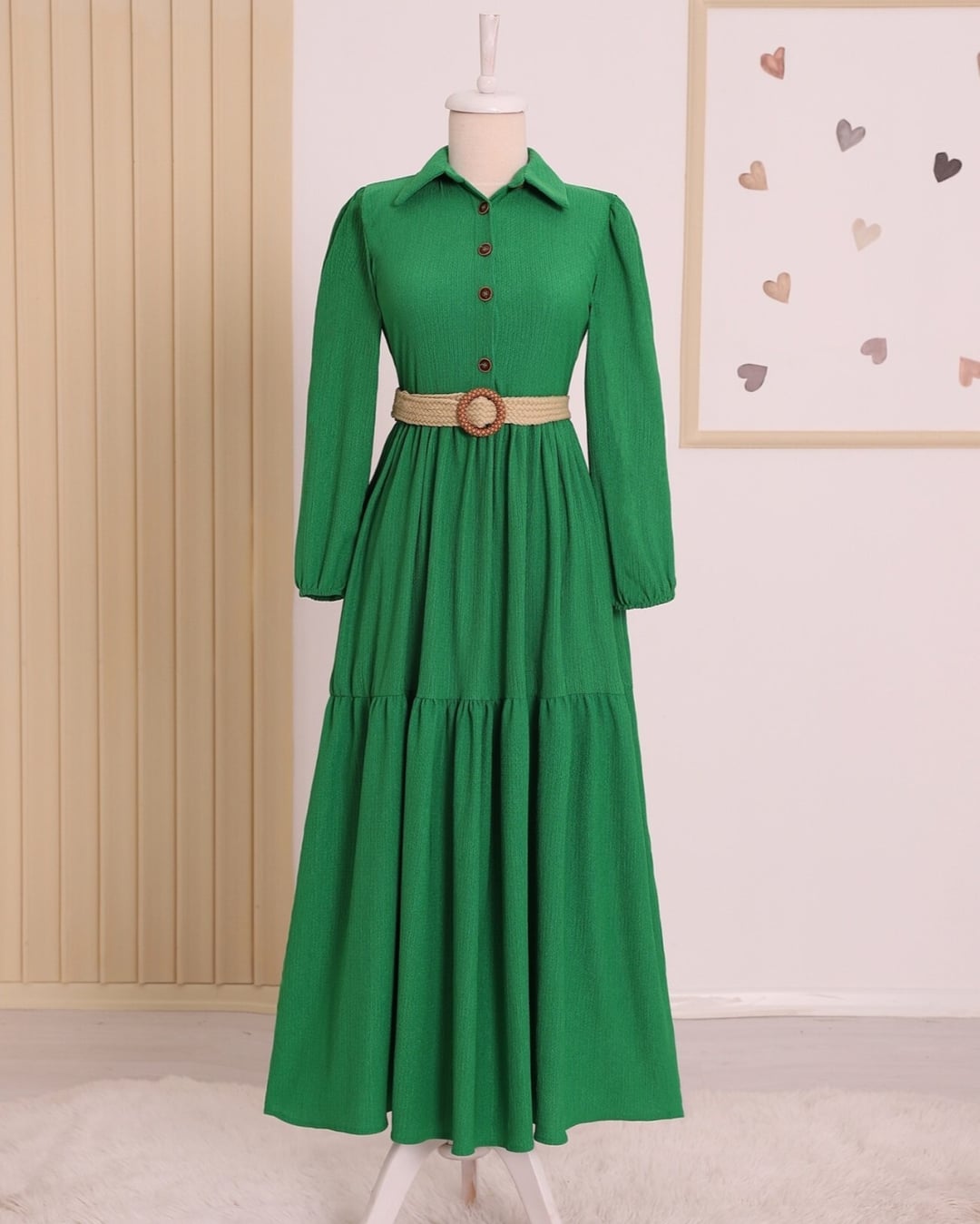 Green Long-Sleeved Midi Dress with Belt - Podyumplus - by Peralane - photo 3