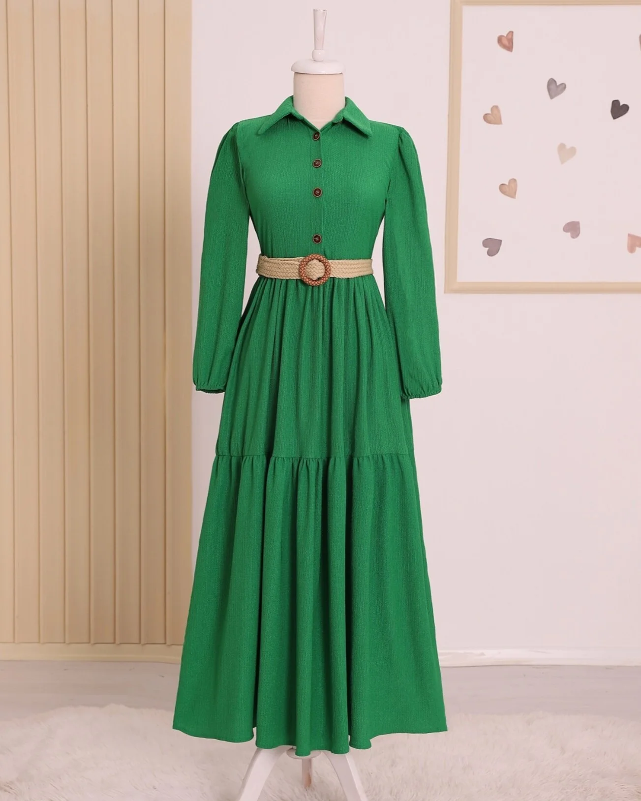 Green Long-Sleeved Midi Dress with Belt - Podyumplus - by Peralane - photo 3