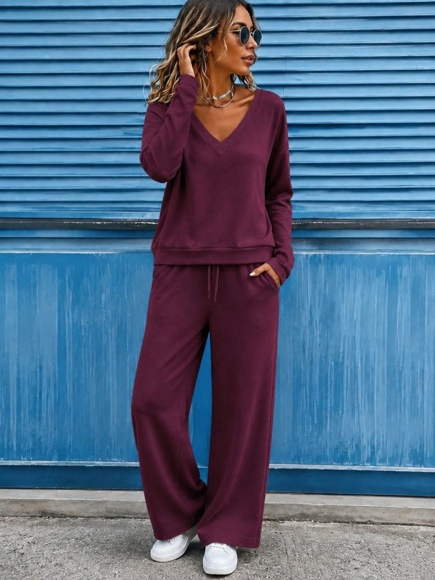 Women's Long Sleeve V-Neck Viscose Two-Thread Blouse and Drawstring Waist Trousers Two-Piece Set - Janes - by Peralane