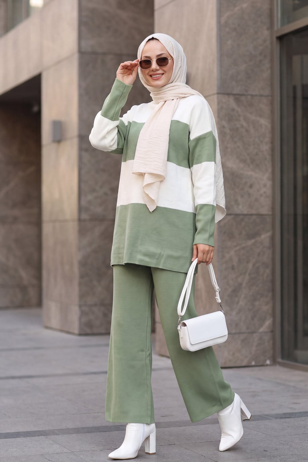 Half-Turtleneck Striped Knit Lounge Set - Sage Green - Podyumplus - by Peralane - photo 5